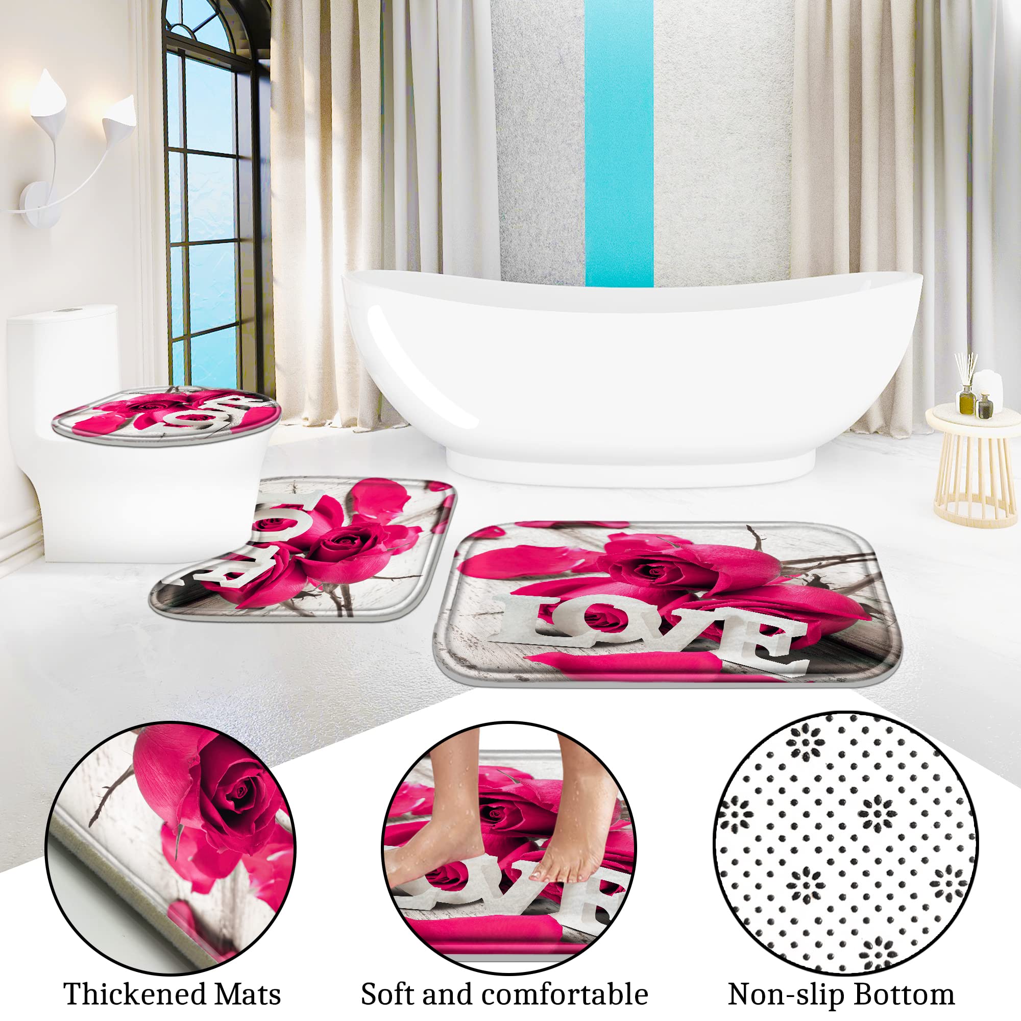 Poedist 4 Pcs Bathroom Shower Curtain Set, Pink Rose Shower Curtain Valentine'S Day Shower Curtain Sets With Rugs(Bath Mat,U Sha