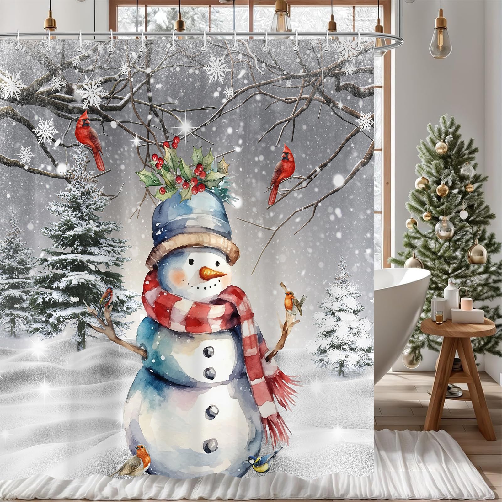 Merry Christmas Snowman Shower Curtain Sets, Watercolor Snowman And Cardinals Pine Tree Redbird Robin Snowflake Winter Holiday H