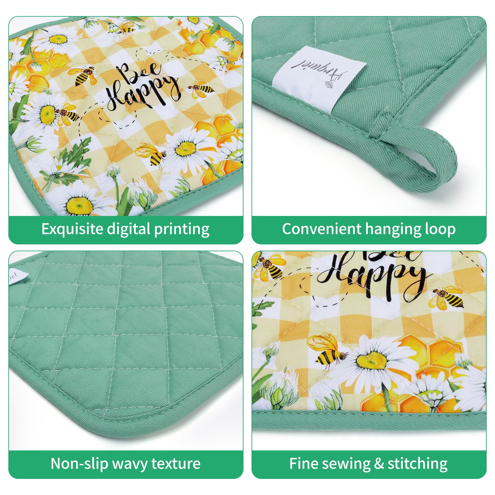 Arquiel Bee Daisy Oven Mitts And Pot Holders Sets 100% Cotton Heat Resistant, Extra Long Oven Gloves Potholder For Kitchen Cooki