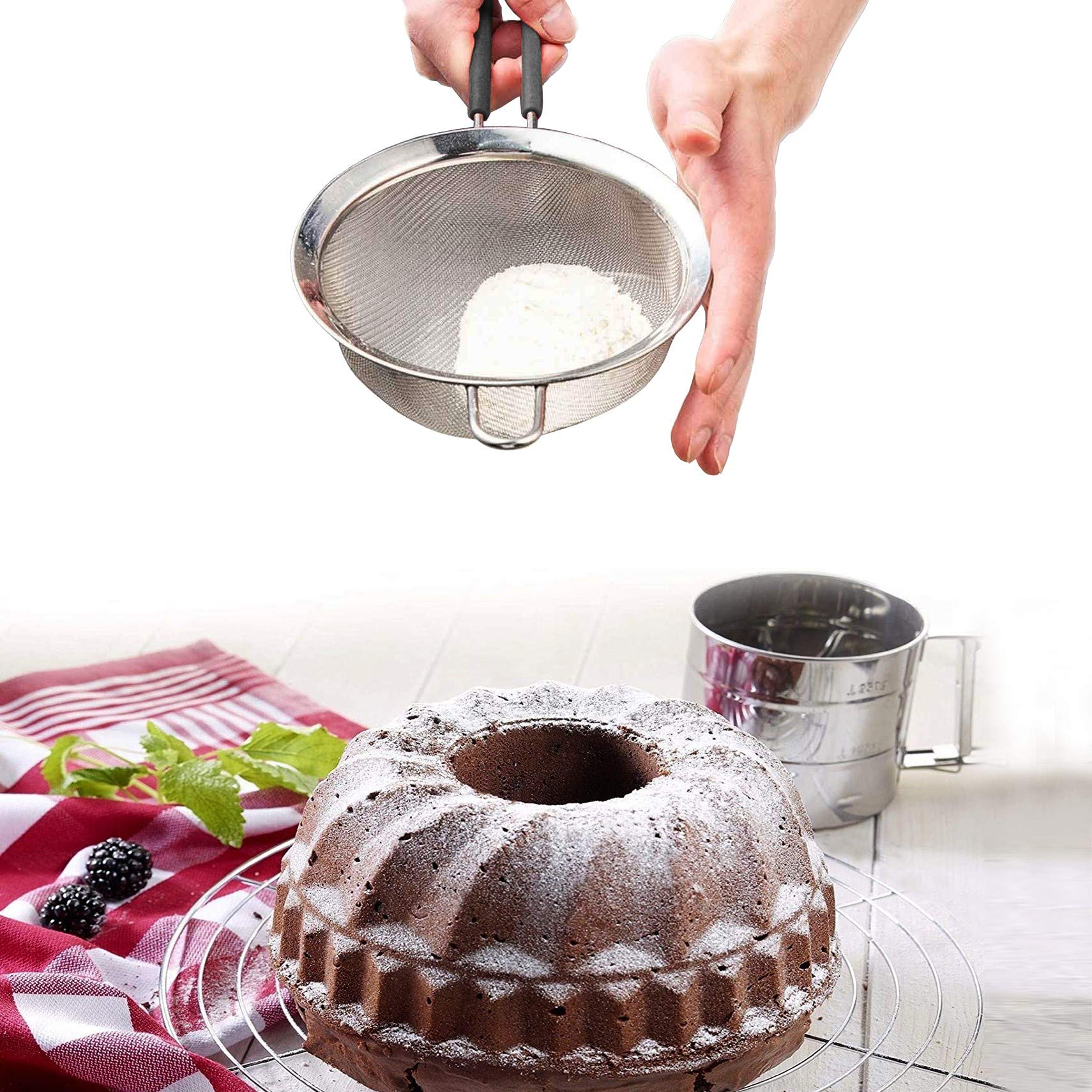 Newline Ny Premium Double Stainless Steel Fine Mesh Strainers With Soft-Touch Anti-Slip Silicone-Coated Handle 2 Pcs Set