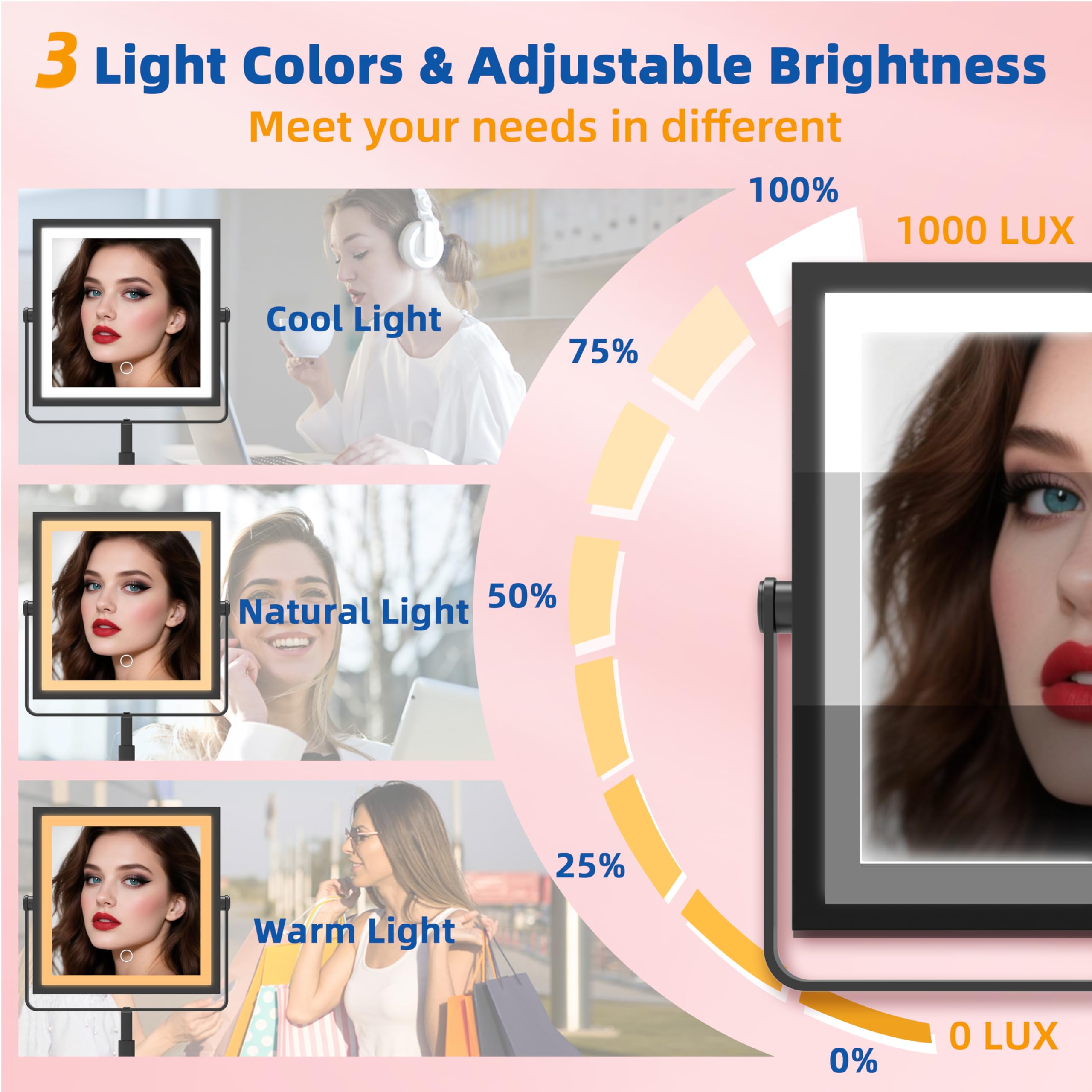 Ruacq Vanity Mirror With Lights, Height & Brightness Adjustable, Rechargeable 4000Mah Lighted Makeup Mirror With Magnification 1
