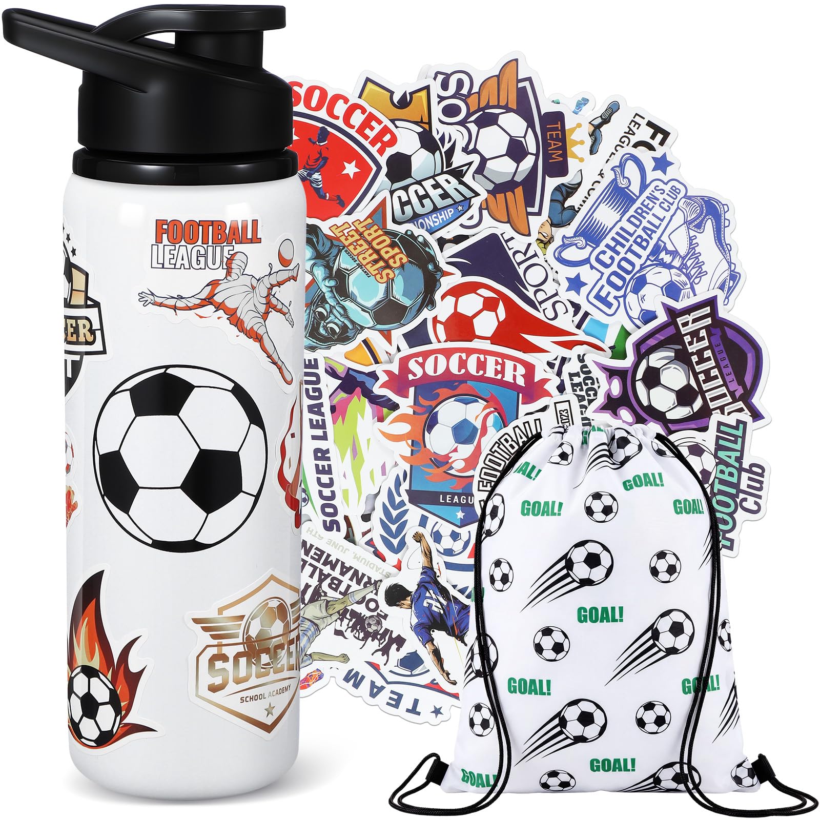 Ceenna 1 Set Insulated Soccer Water Bottle with Drawstring Bag Stickers