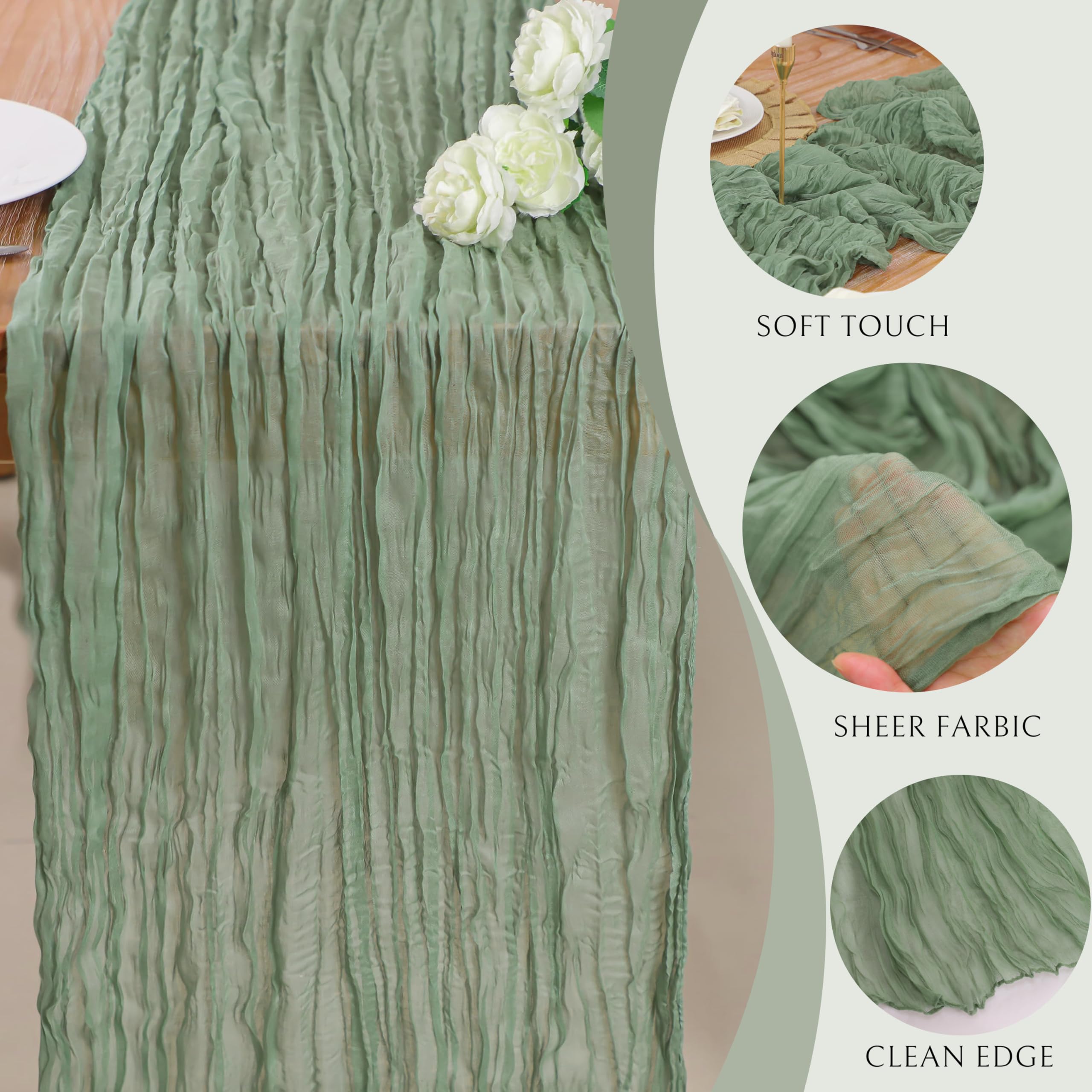 Snowkingdom Sage Green Cheesecloth Table Runner, 120 Inch 10 Ft Rustic Boho Sheer Gauze Cheese Cloth Runner for Wedding Bridal B