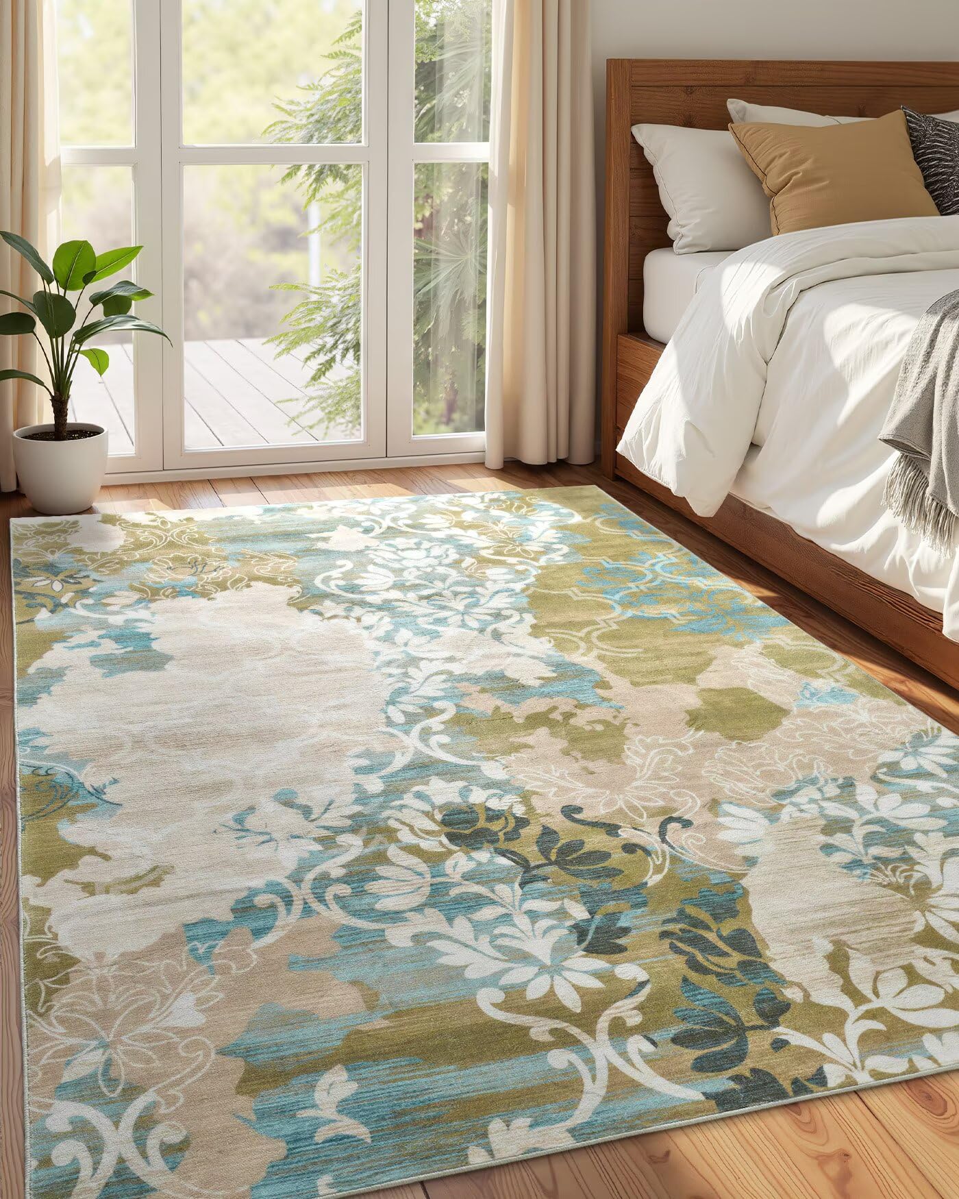 Macgace Washable Abstract Rug, 5x7 Willow Green and Blue Floral Area Rugs with Non-Slip Rubber Backed for Bedroom, Low Pile Mode