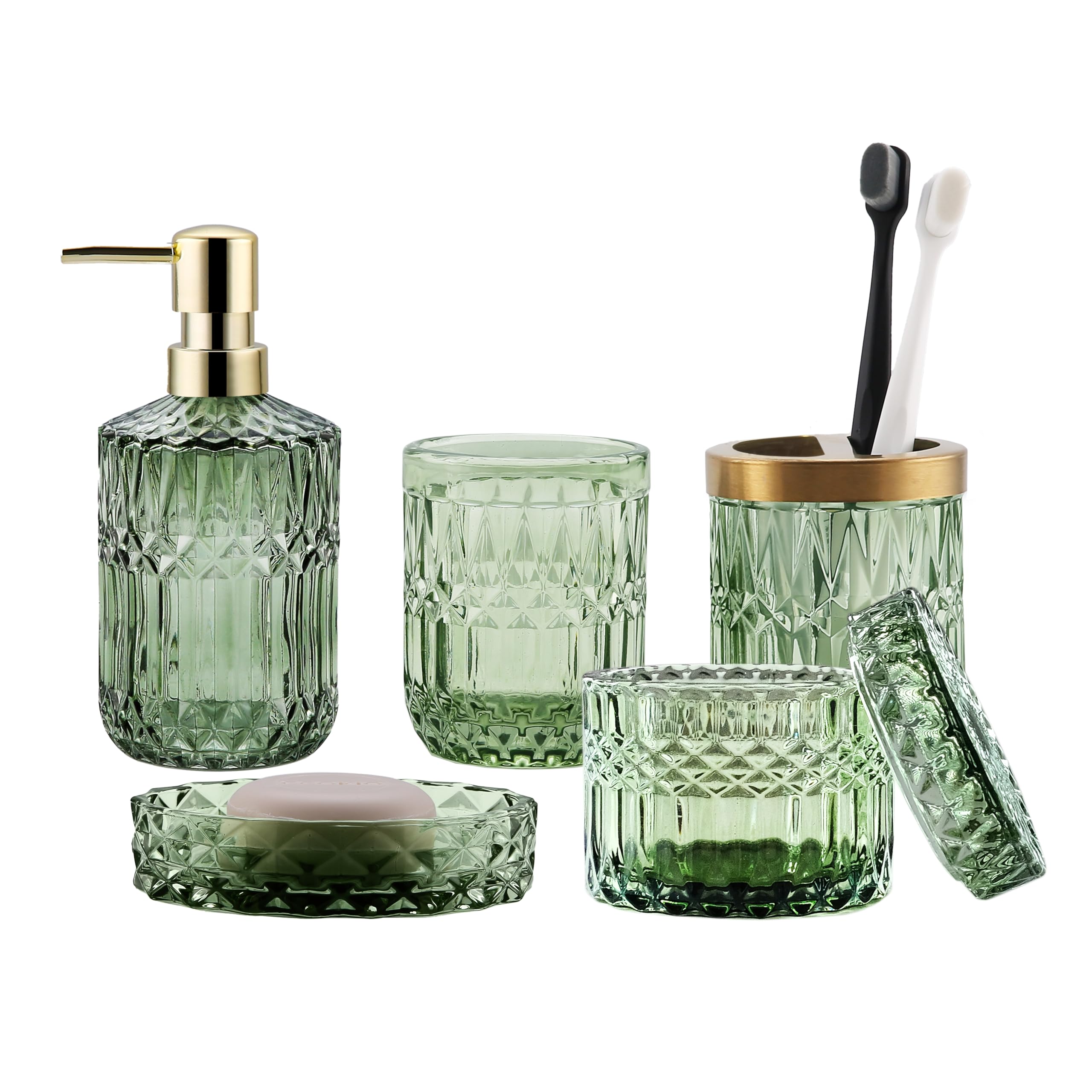 Lamarriti Green Bathroom Accessories Set, 5Pcs Clear Glass Bathroom Accessories, Vanity Bathroom Decor, Hand Soap Dispenser, Soa