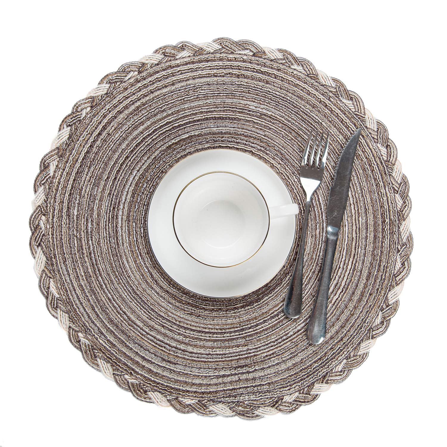 Shacos Round Placemats Set Of 6 Braided Glitter Round Table Placemats 15 Inch For Wedding Holiday Party (Multicolor - Light Coff