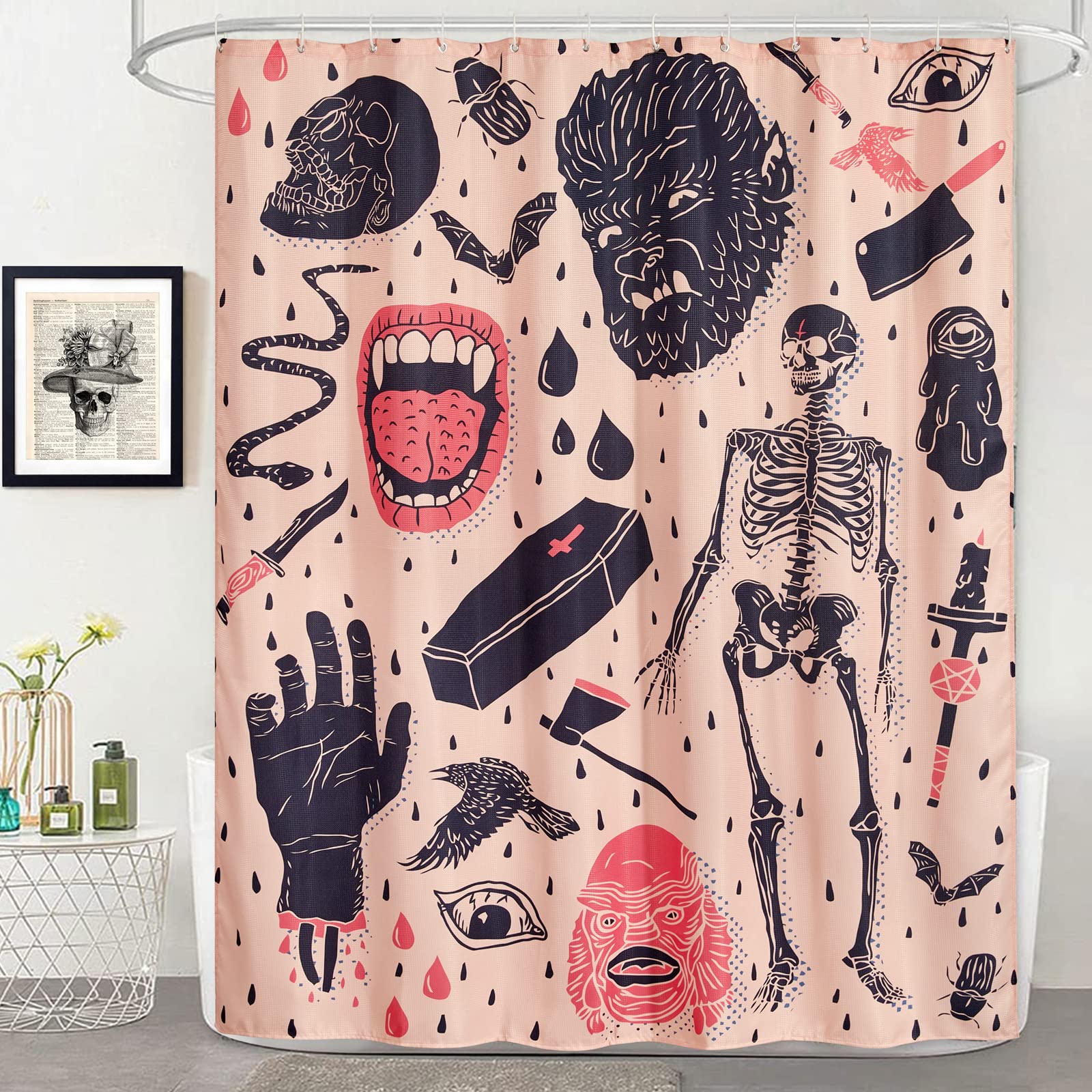 Estmy Vintage Gothic Shower Curtain Set Extra Long 84 Inches Length, Heavy Duty Waffle Fabric Creepy Skeleton Skulls Bats Fun Cu