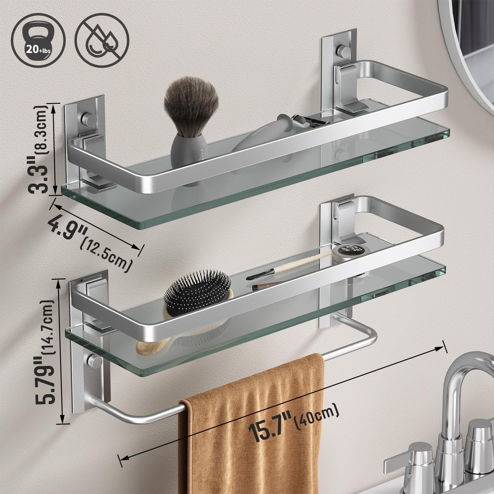 Danpoo Bathroom Shelves Wall Mounted, Clear Tempered Glass Shelf With Towel Bar, Hand Towel Holder(Matte Silver)