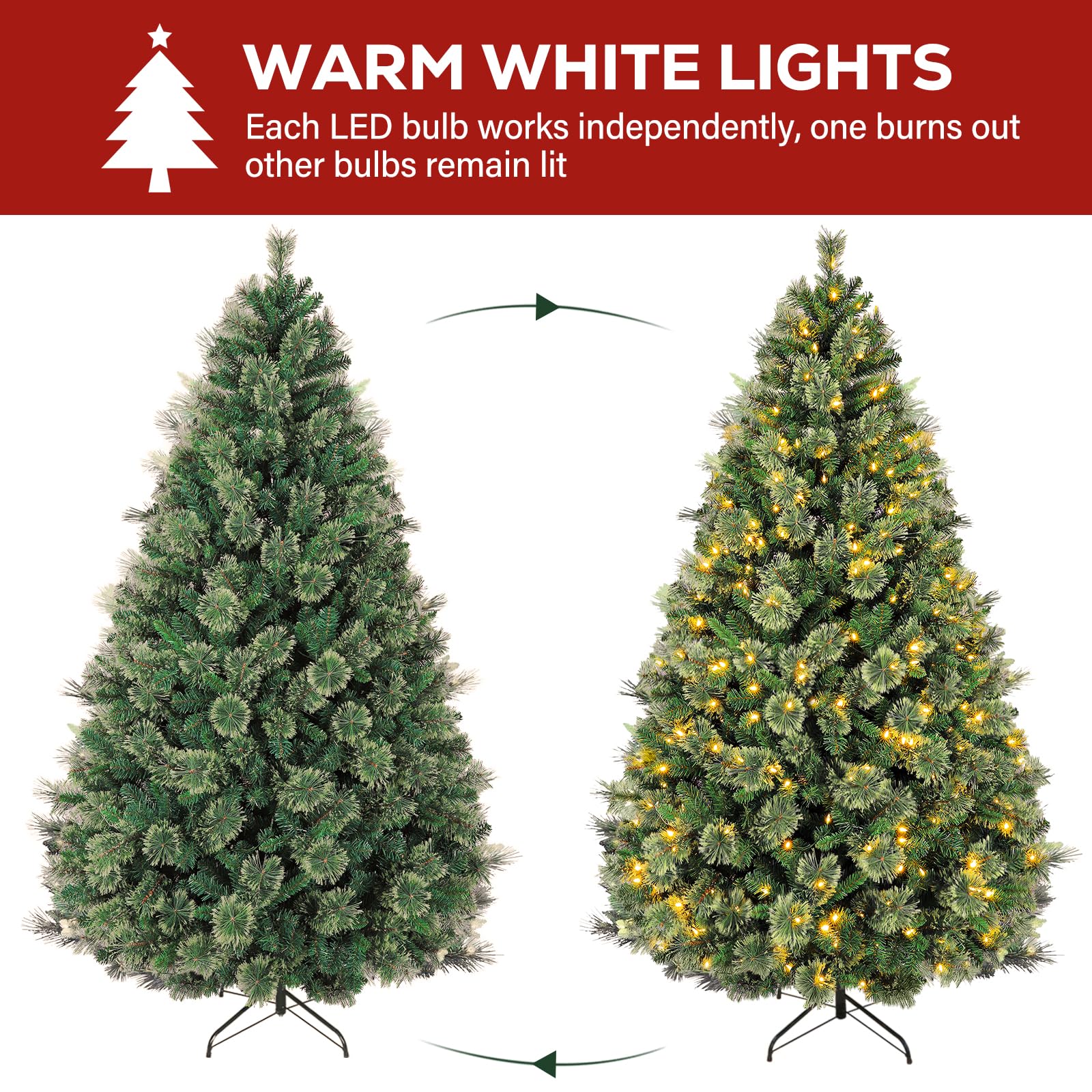Hykolity 7.5 ft Prelit Christmas Pine Tree, Artificial Christmas Tree with 450 Warm White Lights, 1580 PVC Branch Tips, Metal St