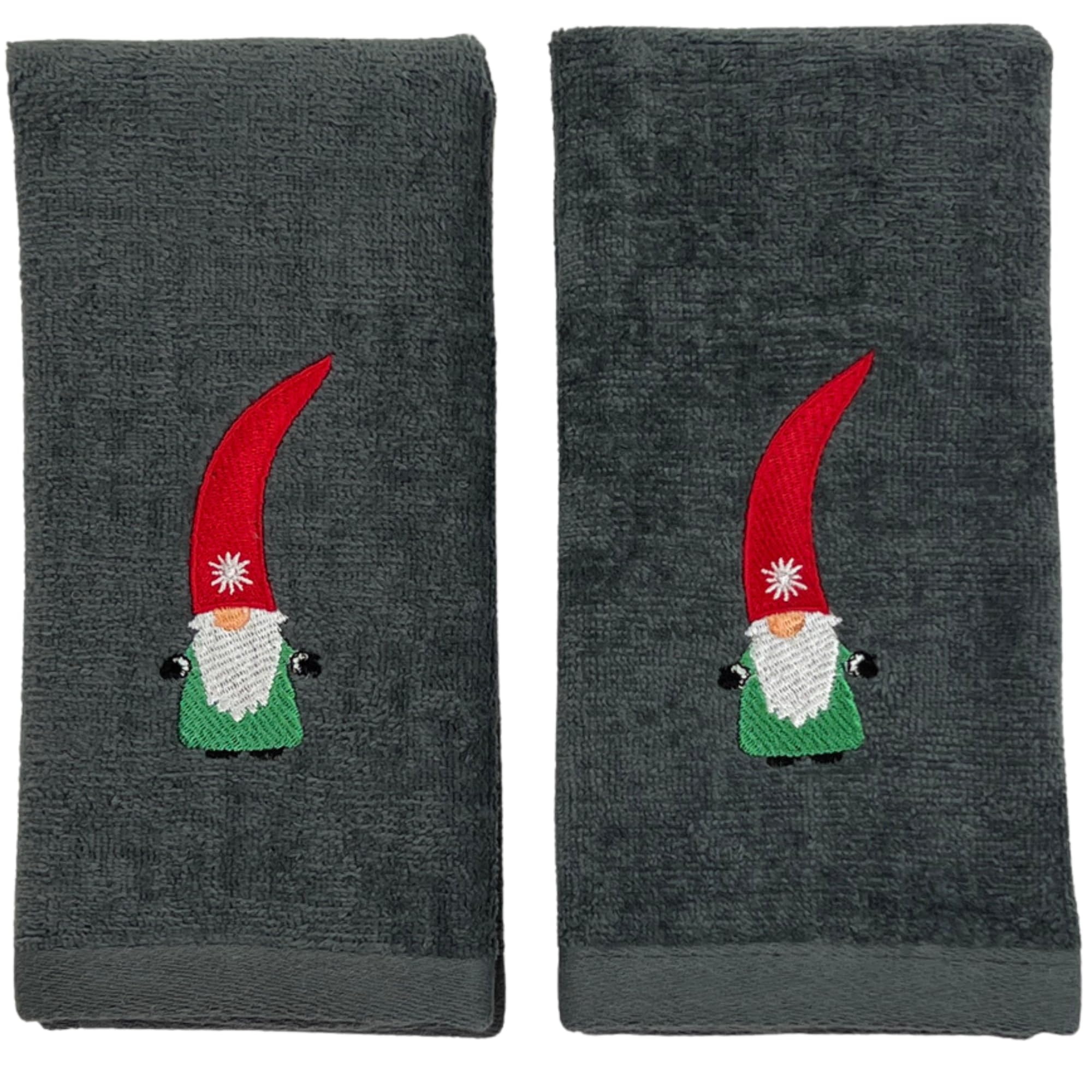 Christmas Guest Hand Towels: Grey Plush Terry Cotton Embroidered Spritly Gnome