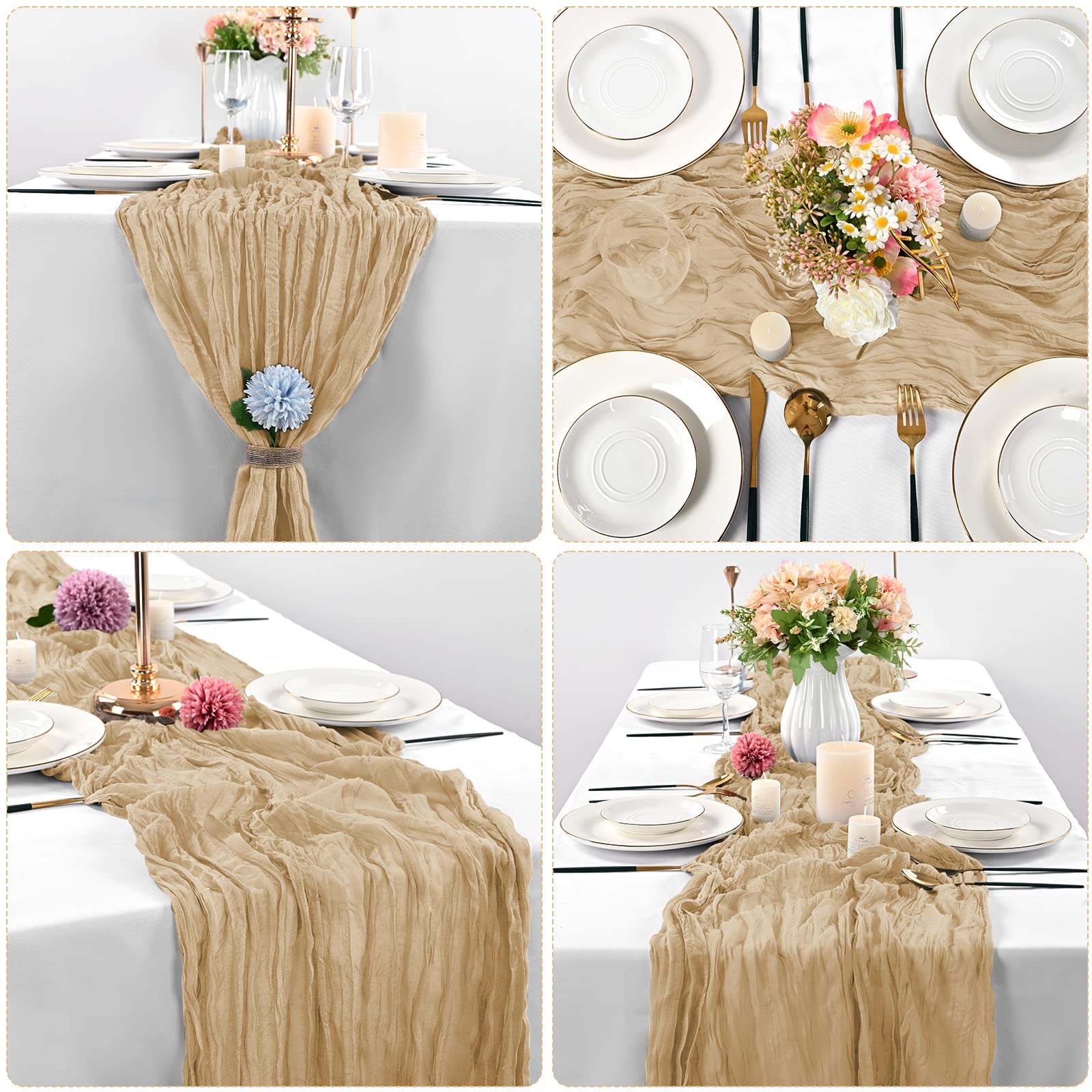 10 Pcs Beige Cheesecloth Table Runner 10Ft, Gauze Table Runner For Wedding Reception Sheer Bridal Shower Birthday Party Boho Tab