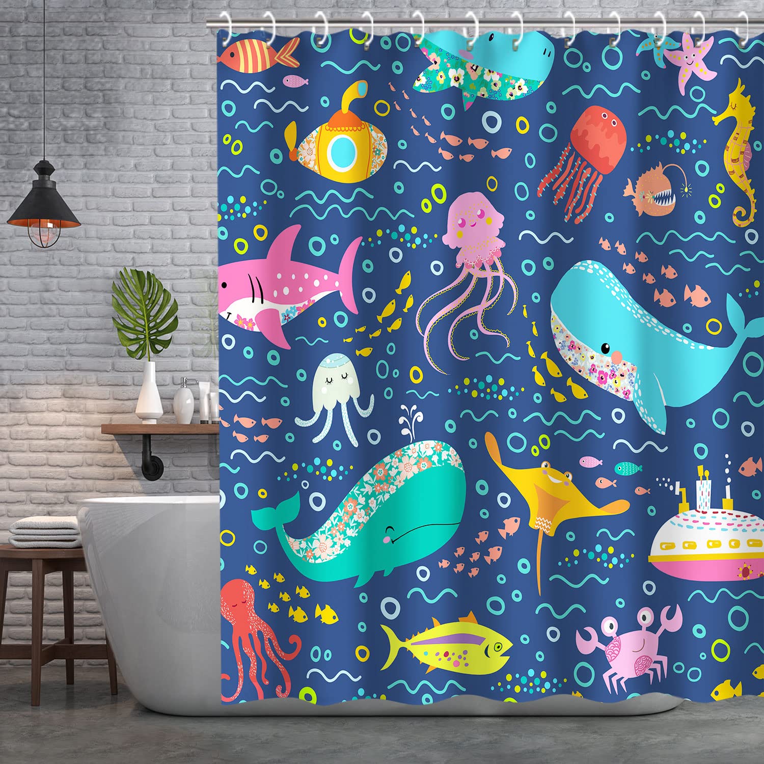 Rosielily Fish Shower Curtain, Kids Shower Curtains Set With 12 Hooks, Whale Shower Curtain, Sea Animal Bathroom Decor Curtain F