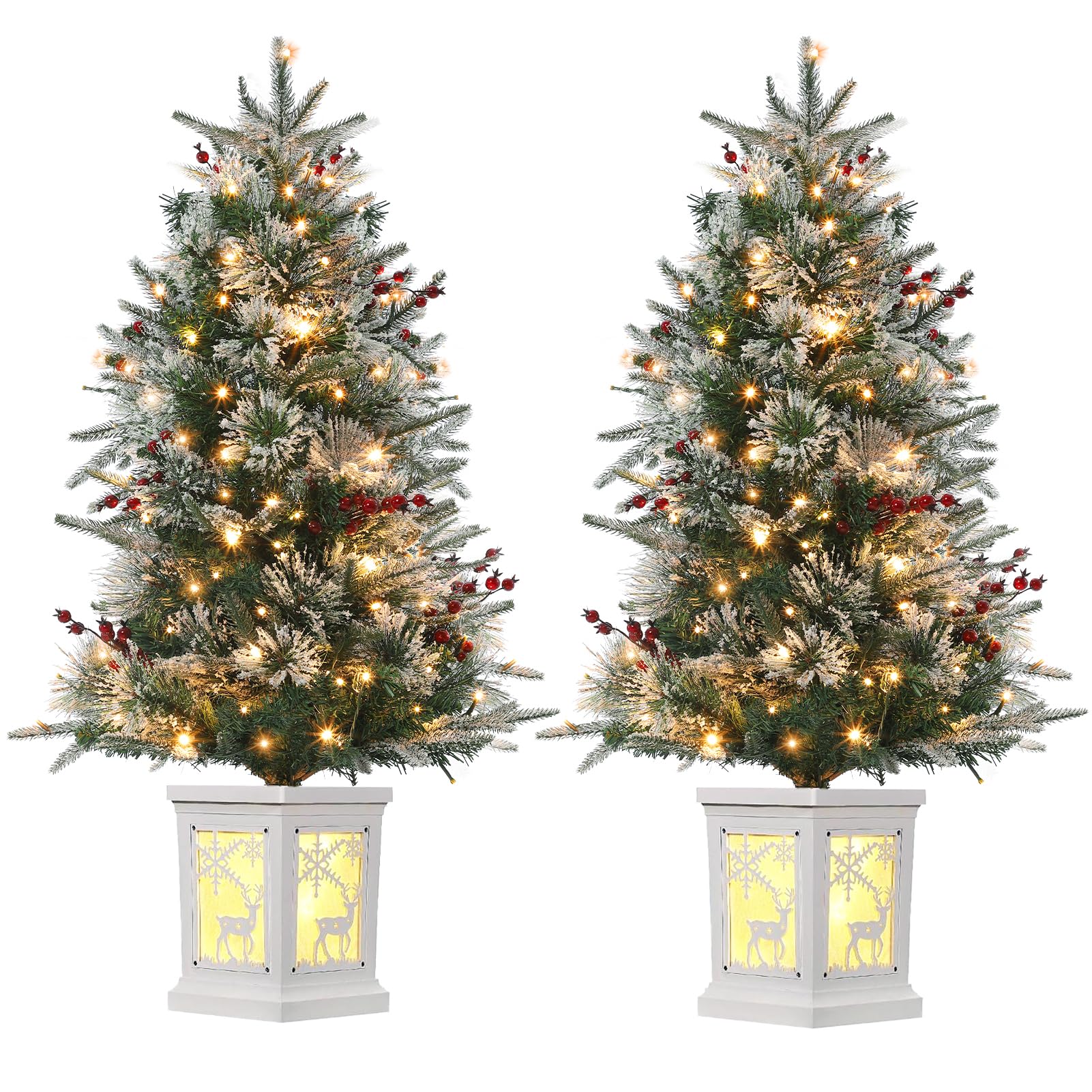 GarveeHome 3 ft Pre-Lit Christmas Tree Set of 2, Artificial Christmas Trees with 78 LED Lights, Snow Flocked Prelit Xmas Tree wi