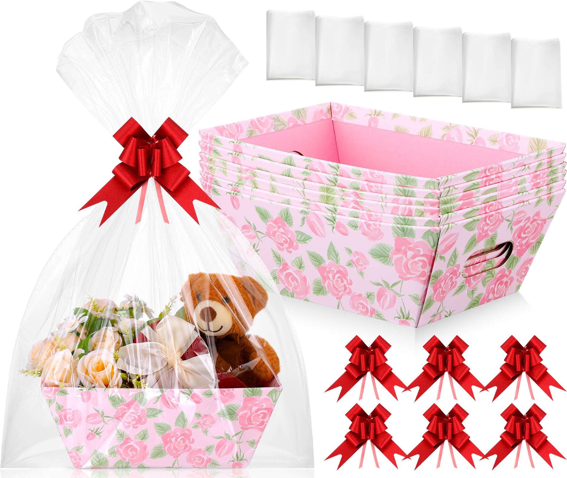 Skyygemm 6 Pcs 9.8 X 6.5Inch Mother'S Day Basket For Gifts Empty With Cellophane Basket Bags And Ribbons Bows To Fill Sturdy Emp