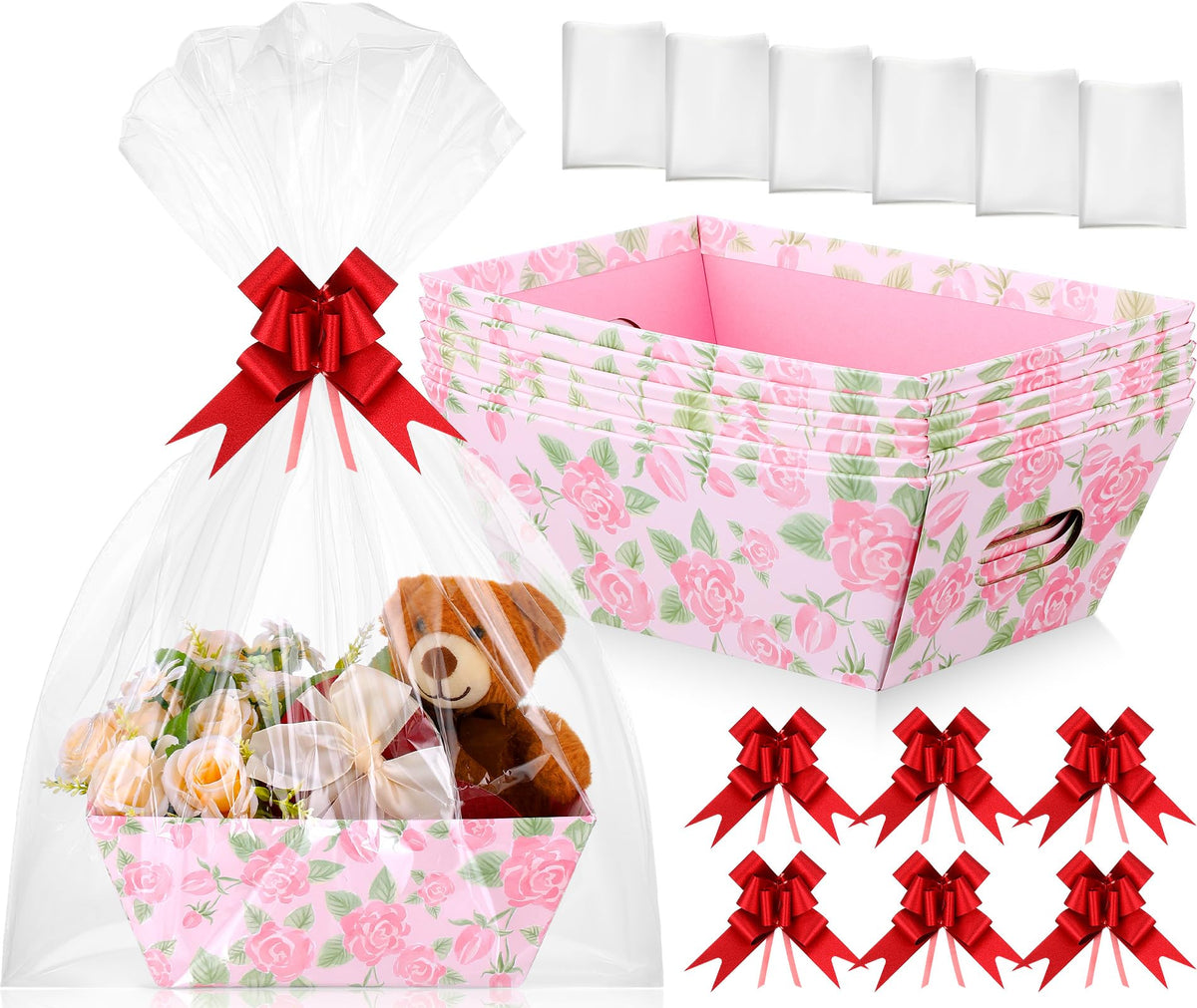 Skyygemm 6 Pcs 9.8 X 6.5Inch Mother'S Day Basket For Gifts Empty With Cellophane Basket Bags And Ribbons Bows To Fill Sturdy Emp