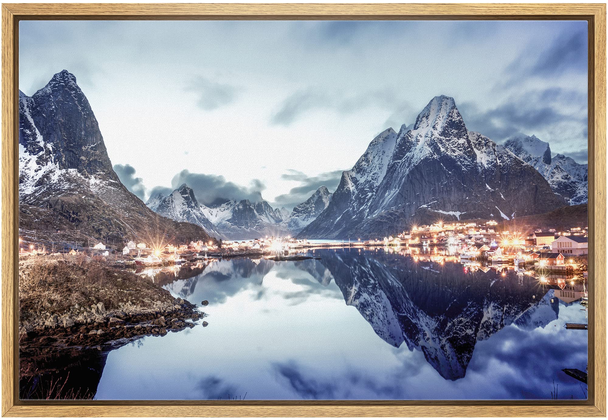 Wall26 Framed Canvas Print Wall Art Winter Snow Mountain City Light Village Nature Wilderness Photography Realism Earth Scenery