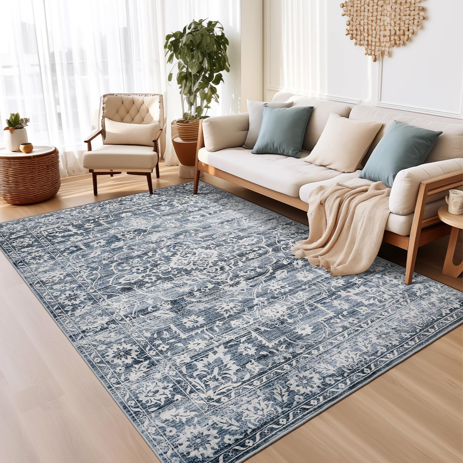 Soalmost 6x9 Area Rugs for Living Room, Stain Resistant Washable Rugs for Dining Room, Floral Vintage Non-Slip Thin Area Rug(Blu