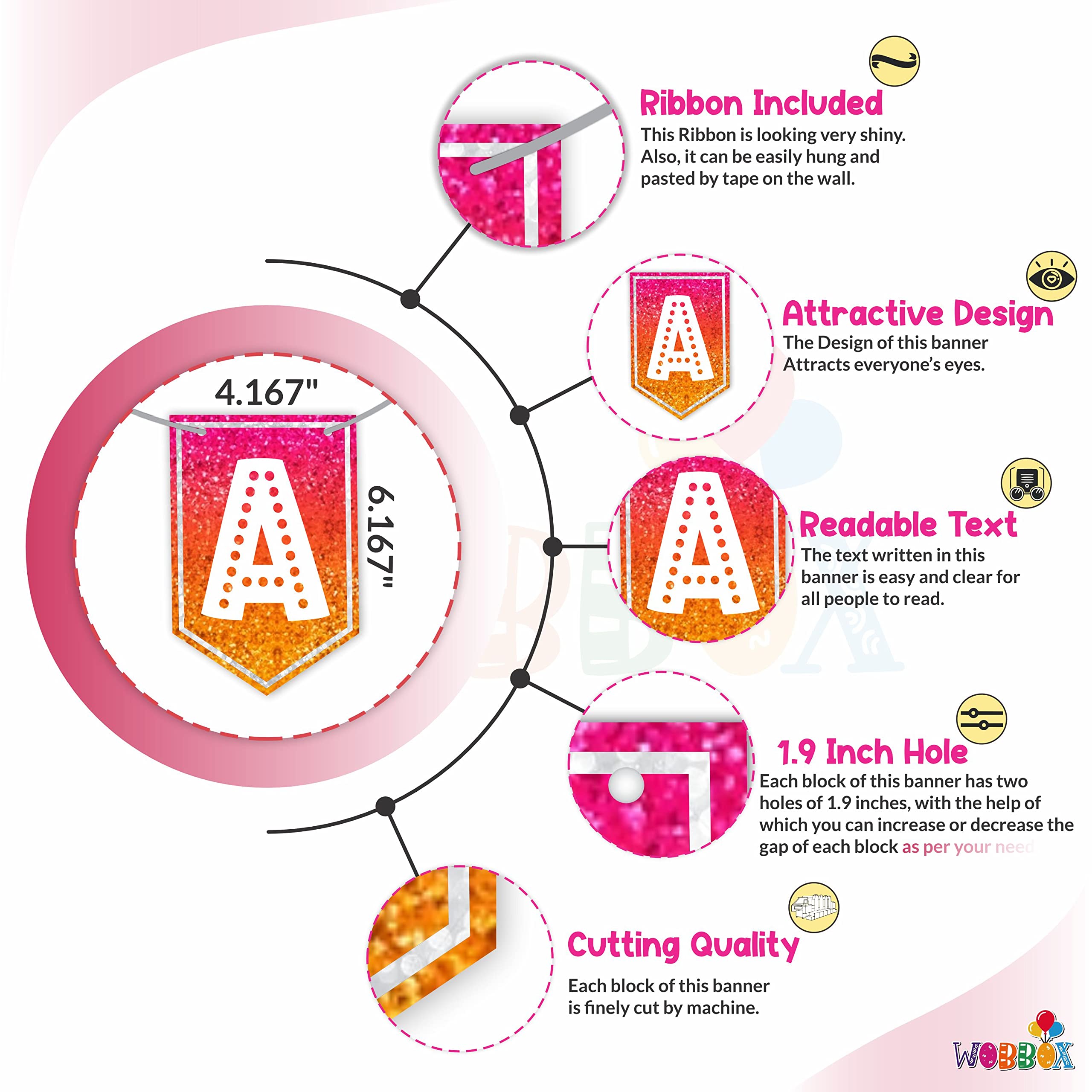 WOBBOX Diwali Decoration Bunting Banner, Happy Diwali Pink Red & Yellow Gliter With White Font, Diwali Decoration Item, Diwali D