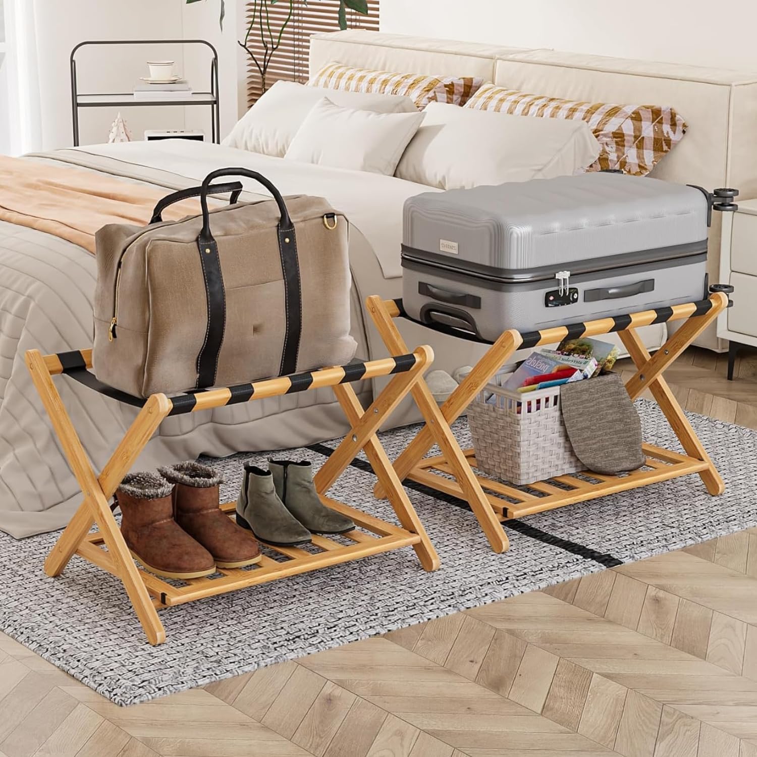 Smart Fendee Set Of 2 Fully Assembled Bamboo Luggage Rack, 5 Nylon Straps Folding Suitcase Stand With Storage Shelf, Luggae Stan