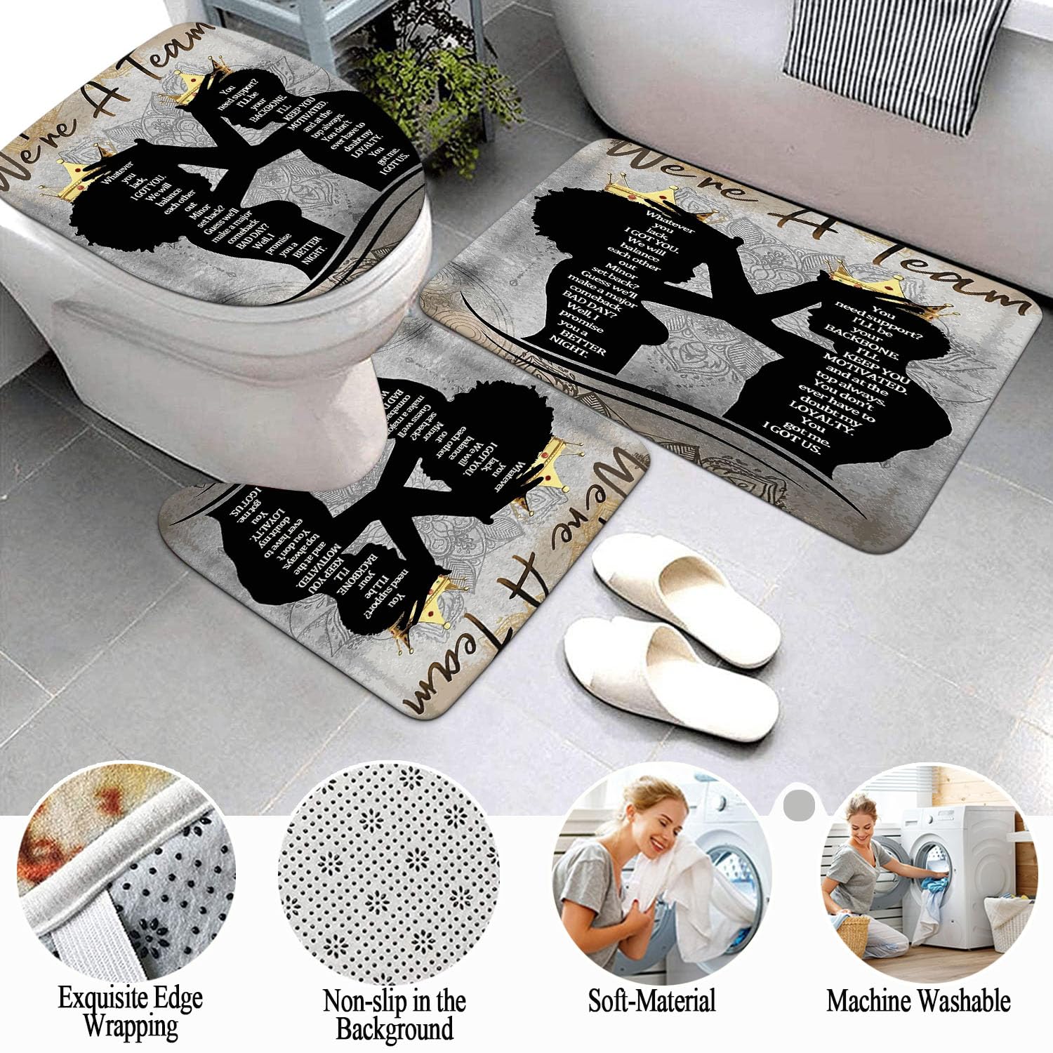 Omebero 4Pcs Black King Queen Shower Curtain Set, Inspirational Quotes Christmas Bathroom Decor Sets With Shower Curtain And Rug