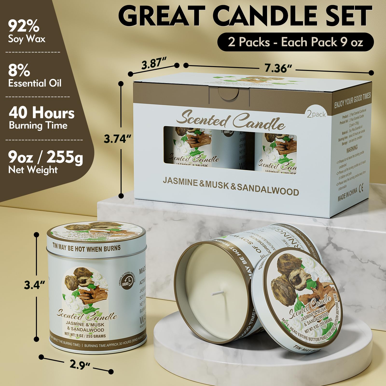 2 Pack Scented Candles (90 Total Burn Hours) - Soy Wax Candles 9 oz Each in Tin - Long Lasting Aromatherapy Candle Gift Set (Jas