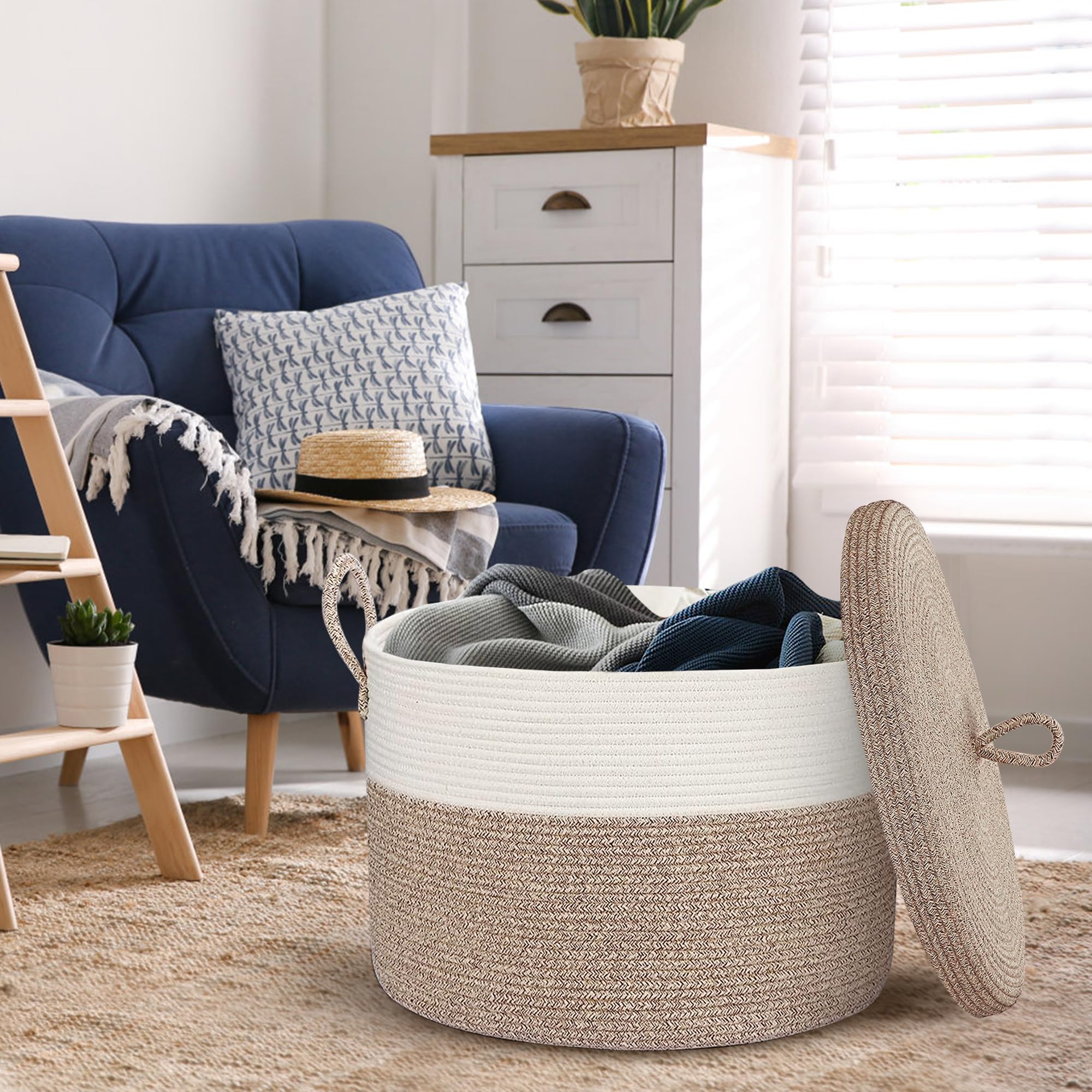 Honcesta 18'' X 14'' Large Storage Basket With Lid, Blanket Basket Living Room, Woven Cotton Rope Baskets For Storage, Kids Toy
