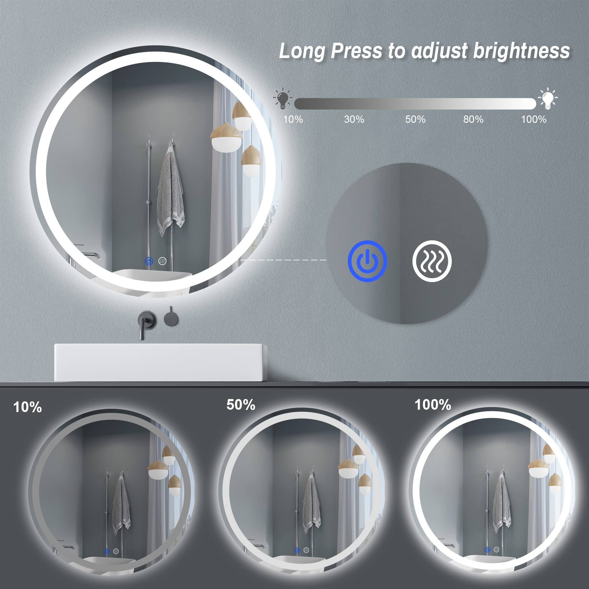 Fitland 24'' Led Bathroom Mirror Round Vanity Mirror, Anti-Fog, Dimmable, 3 Color Temperature, Memory Function Led Wall Mirror F