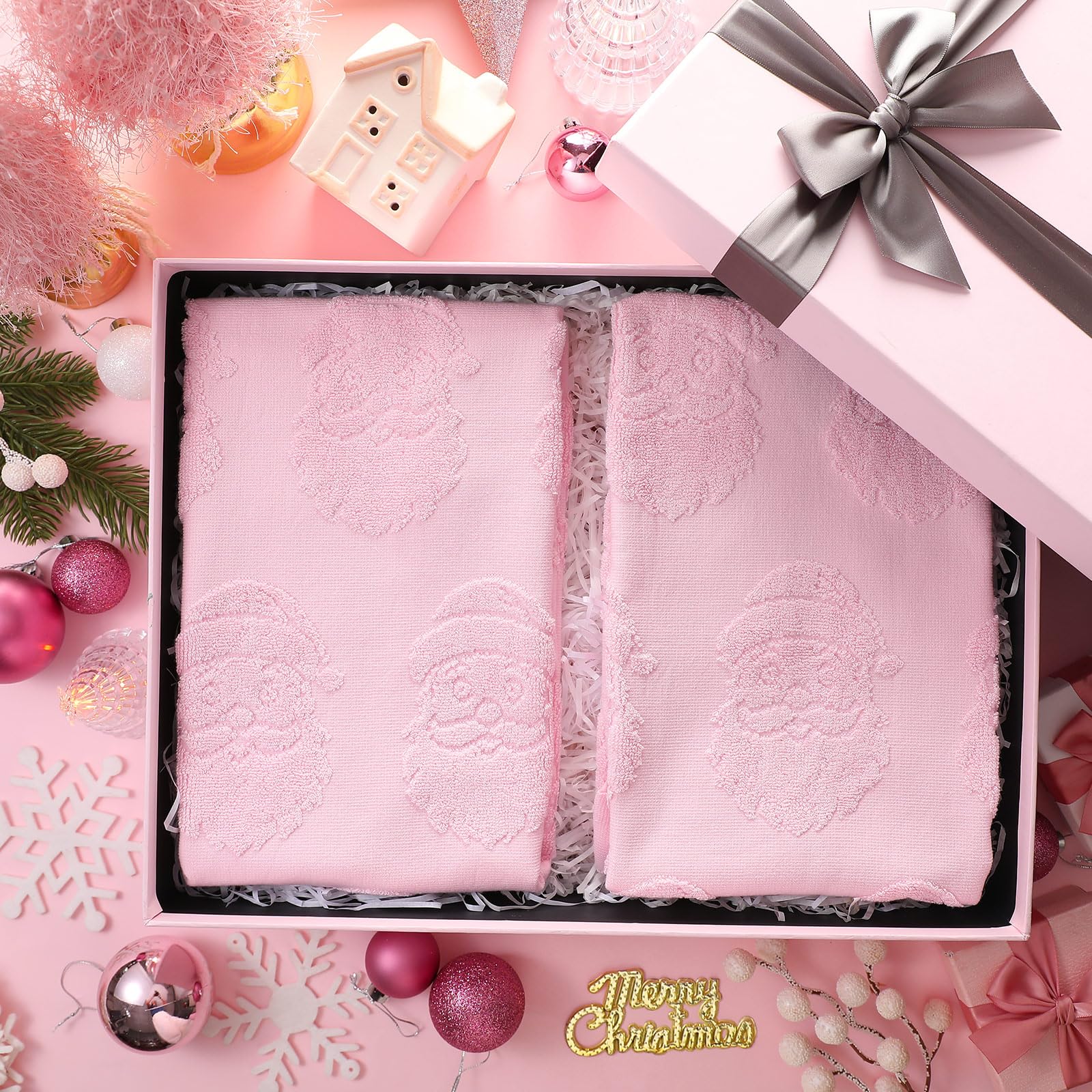 Breling 2 Pcs Christmas Hand Towels Pink Santa Claus Bathroom Decorative Towels 100% Cotton Absorbent Jacquard Weave Bath Decor