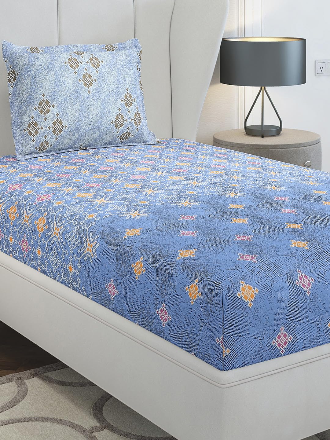 Monte Carlo Light Blue Printed Single 144 Tc 1 Bedsheet With 1 Pillow Cover 15