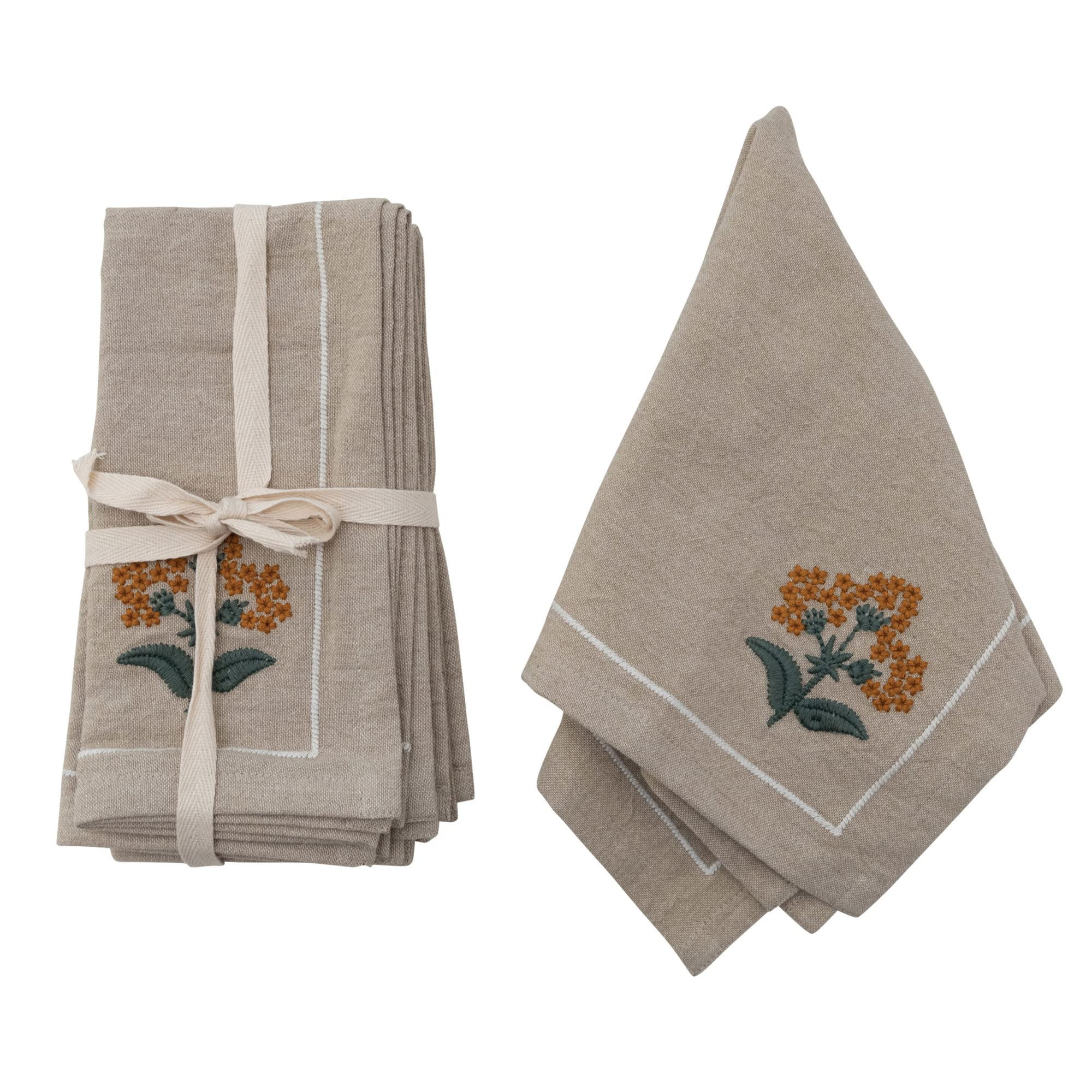 Creative Co-Op Cotton Napkins with Floral Embroidery and French Knots, Set of 4, Multicolor