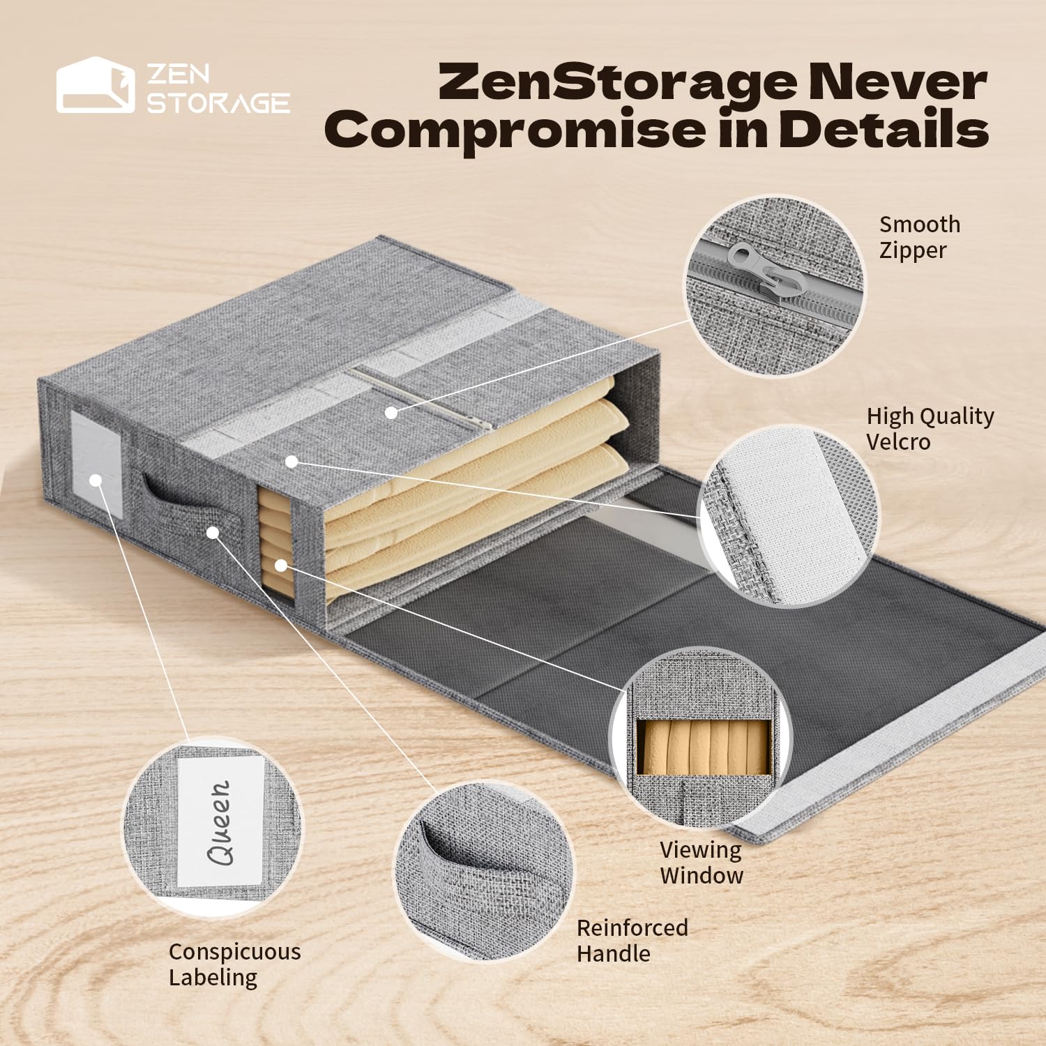 ZenStorage 4-Pack Sheet Storage Organizer, Grey Linen, Foldable for King & Queen Size, Includes Handle