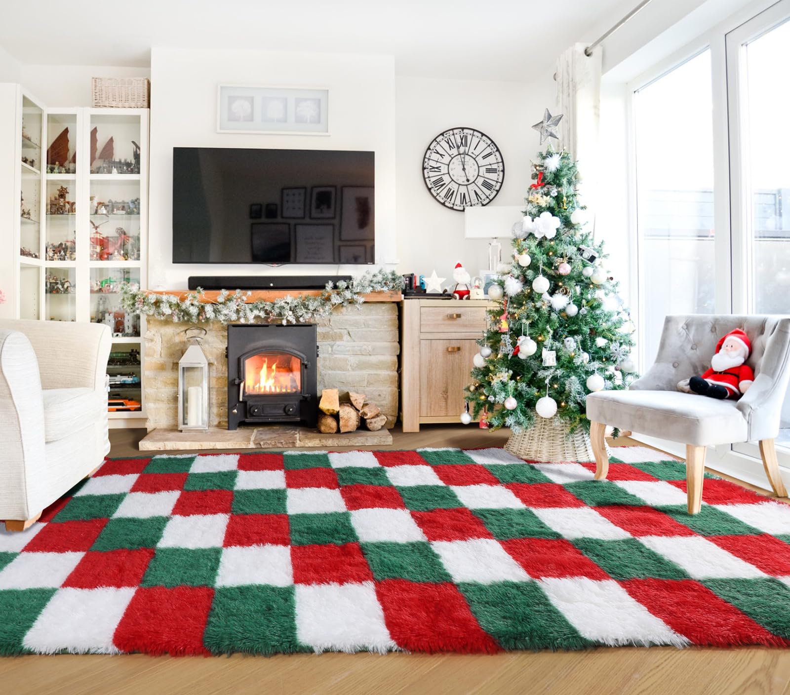KICMOR Christmas Rug for Living Room, Fluffy Soft 5x7 Area Rugs Red Green White Checkered Shag Shaggy Fuzzy Bedroom Carpet, Indo