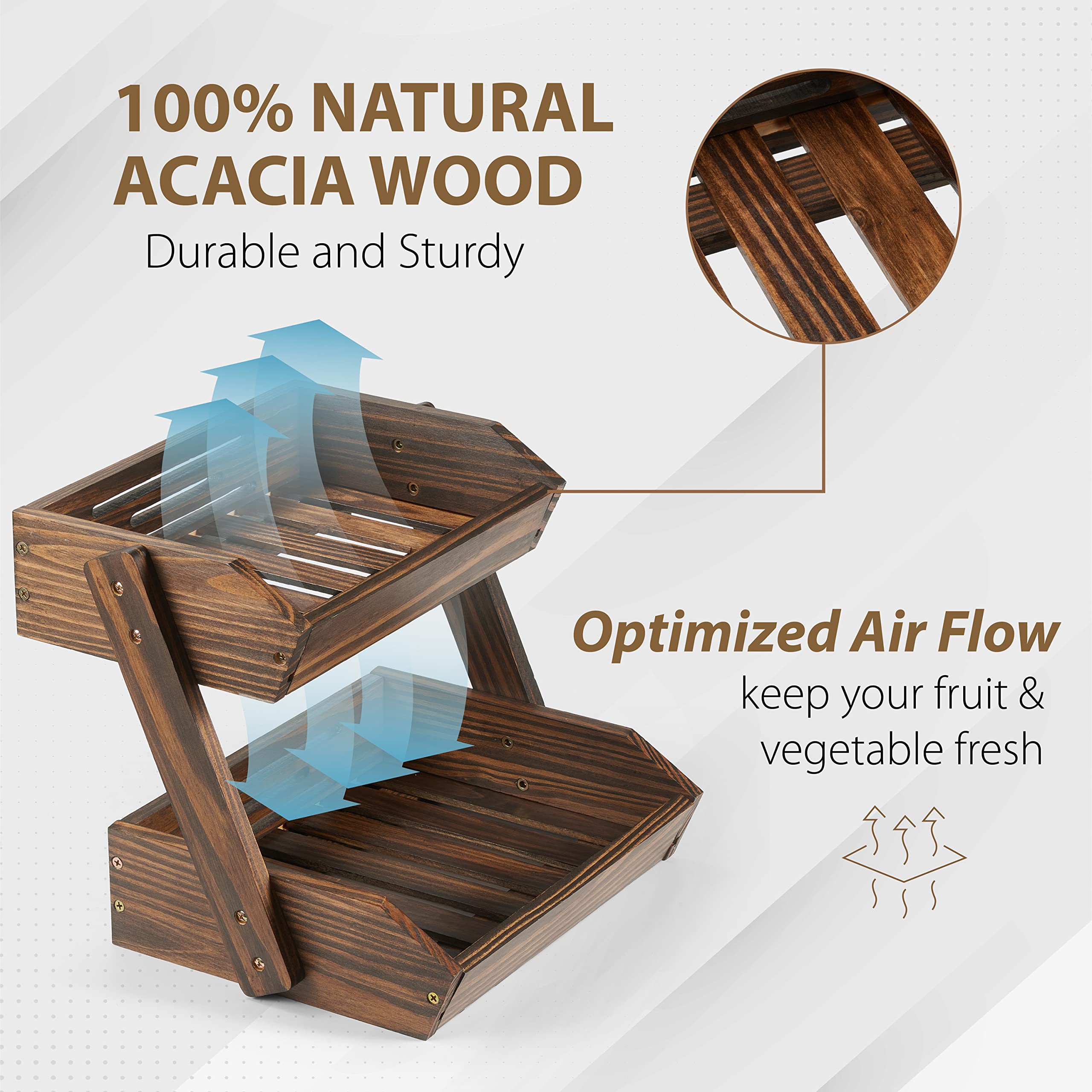 Nagawood Large Capacity 2-Tier Wooden Fruit Basket, Durable Acacia Wood, 10.5'' Tall, Spacious For Produce, Vegetables, Bread St