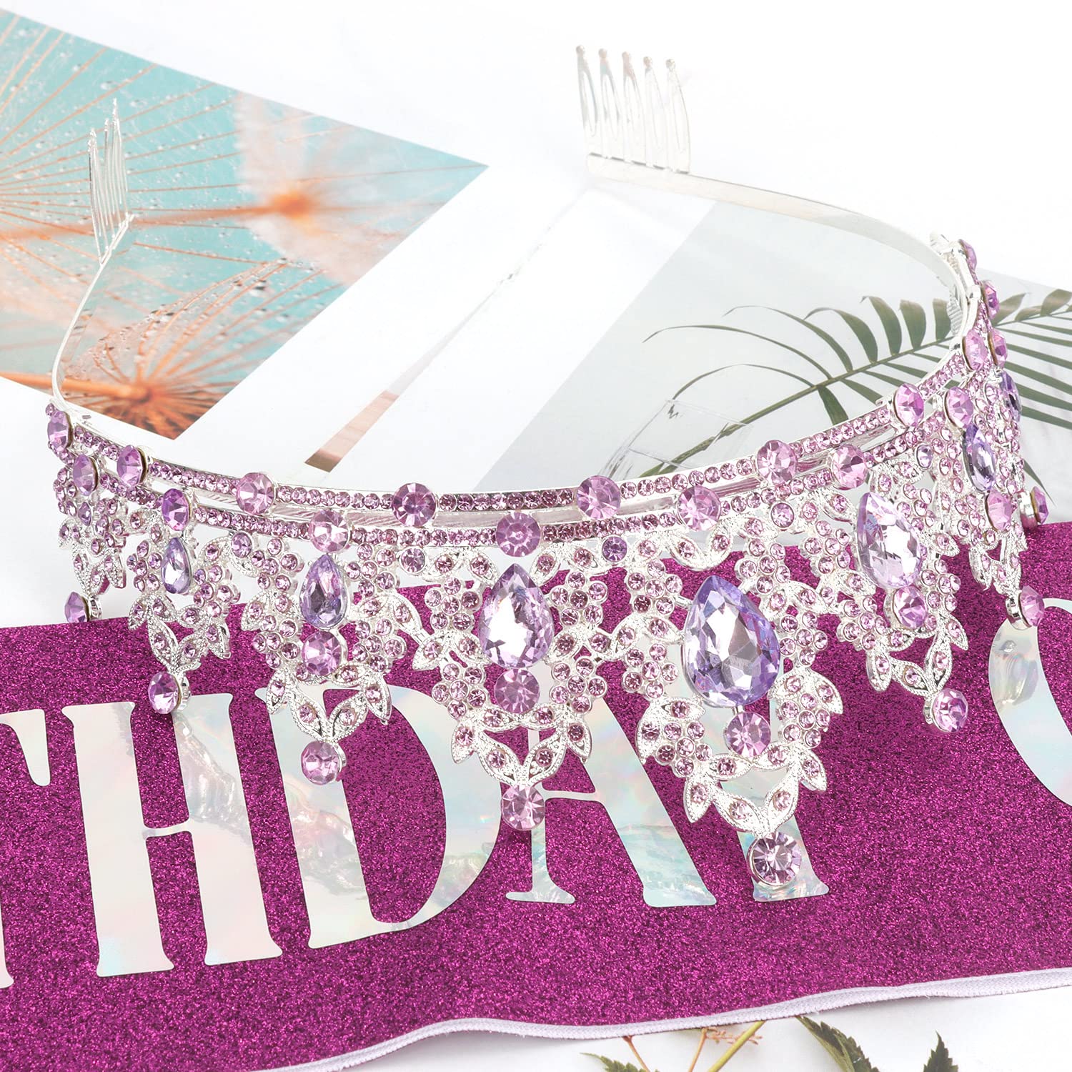 Didder Purple Birthday Queen Sash & Light Purple Crystal Crown Set, Queen Tiara & Sash For Women & Girls, Happy Birthday Decorat