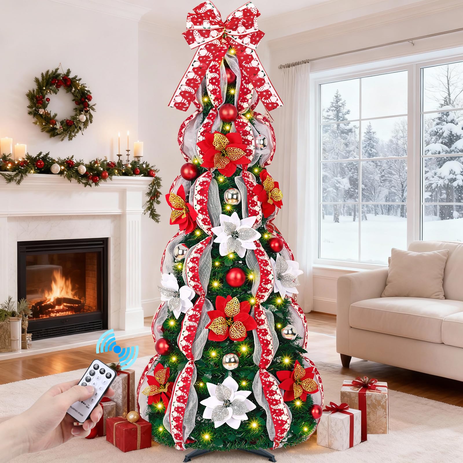 MARTINE MALL 6FT Pre-Lit Pre-Decorated Pop Up Christmas Tree with 200 Lights & Remote, Artificial Collapsible Foldable Christmas
