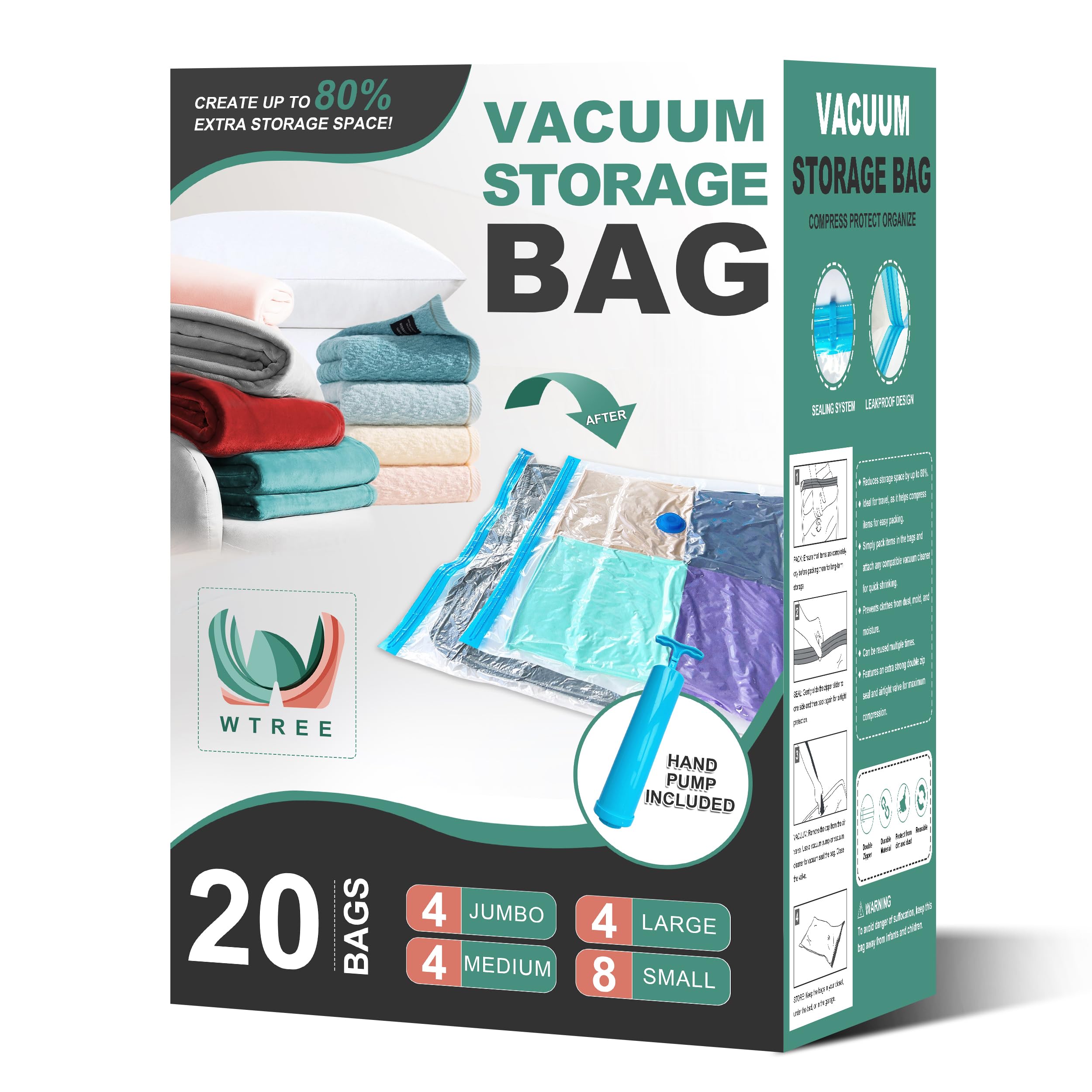 Wtree 20 Pack Vacuum Storage Bags, Space Saver Bags, Vacuum Sealed Bags For Comforters, Blankets, Clothes Storage, Hand Pump Inc