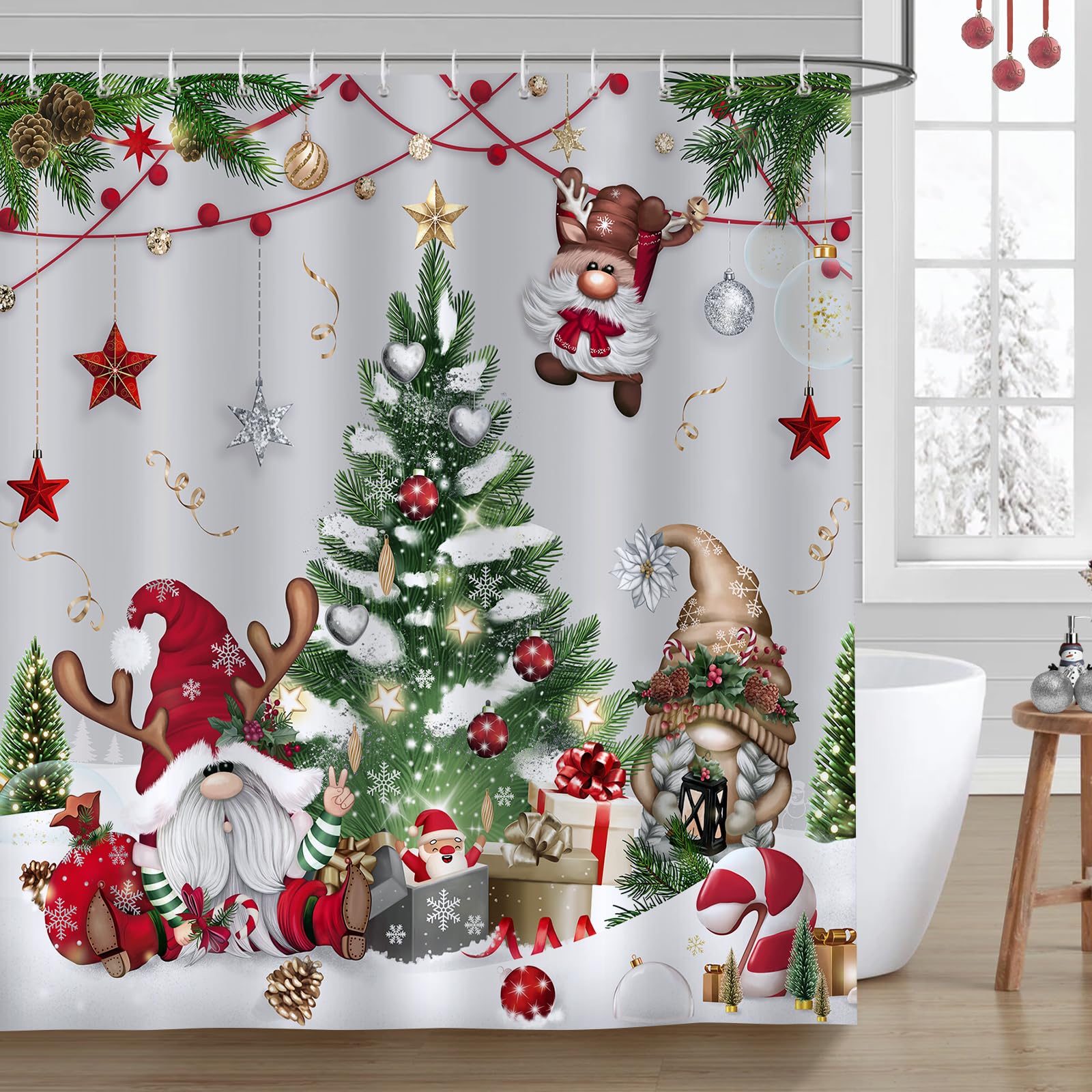 Bonhause Christmas Gnomes Shower Curtain Xmas Tree Balls Gift Boxes Winter Holiday Decorative Bath Curtain 72 X 72 Inch Polyeste