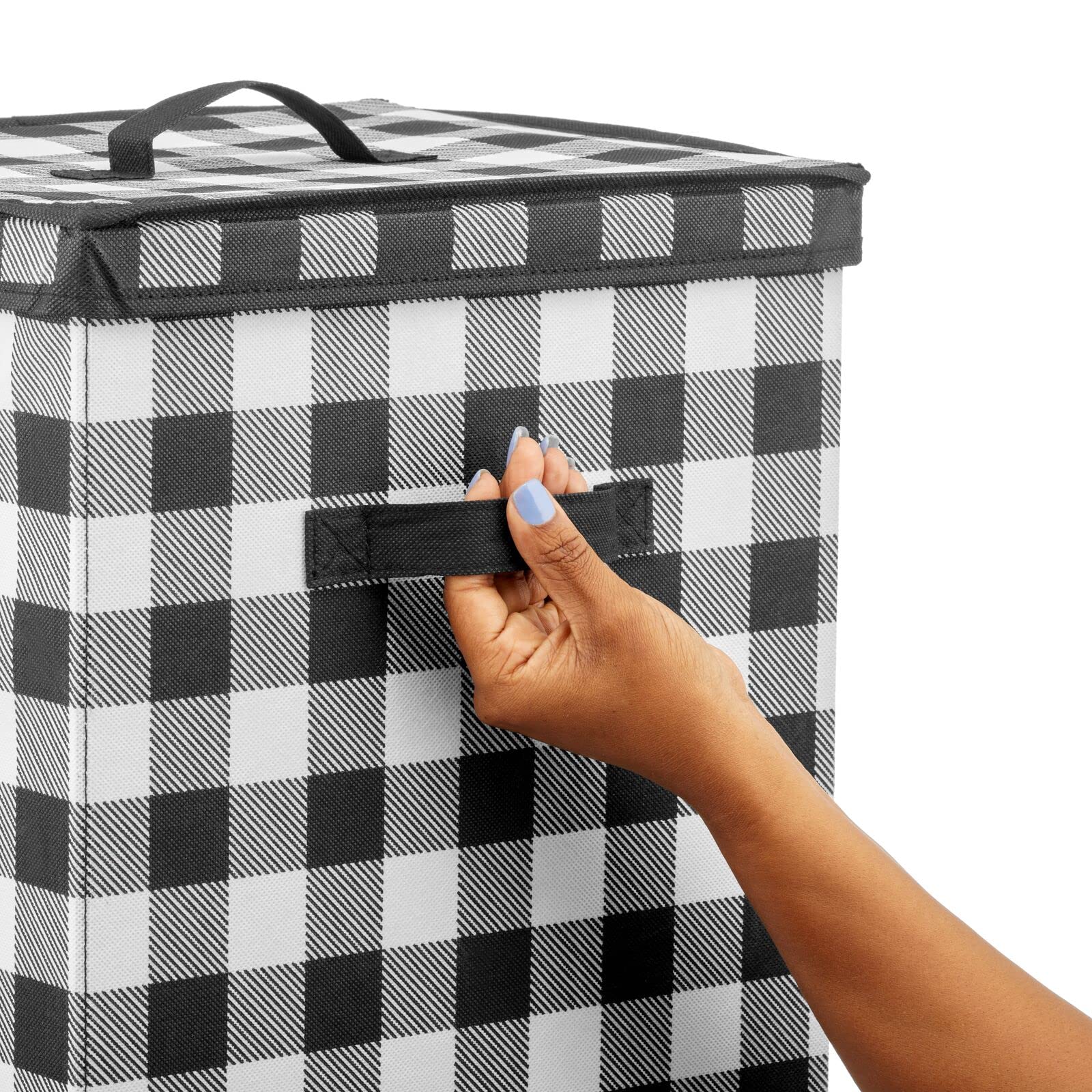 mDesign Tall Gift-Wrapping Paper Storage Box with Handles - Upright Christmas Gift Wrap Storage Organizer with Removable Lid - Wrapping Paper Container Bin for Long Rolls - Buffalo Plaid  Black/White