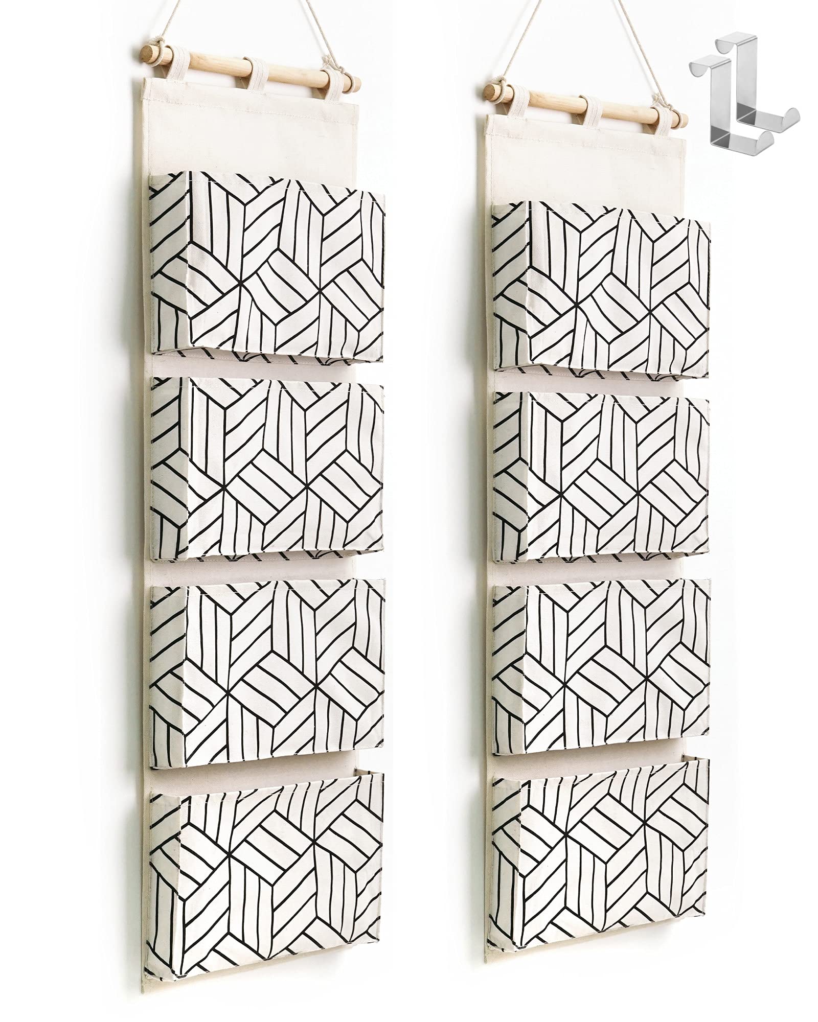 CROWNED 2Pcs Over Door Hanging Storage Bags Wall Mount Closet Organizer, 4 Big Pockets Linen Cotton Fabric Living Room Bedroom B