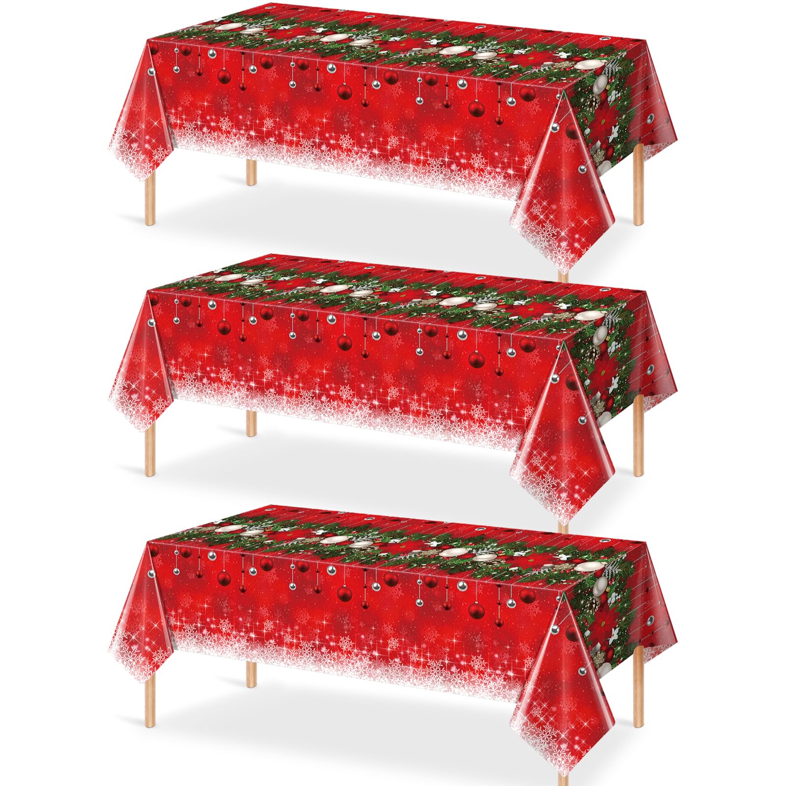 Jectivs 3Pieces Merry Christmas Tablecloth Plastic Christmas Tree Ball Table Cover Rectangle Winter Snowflake Tablecloth for Mer