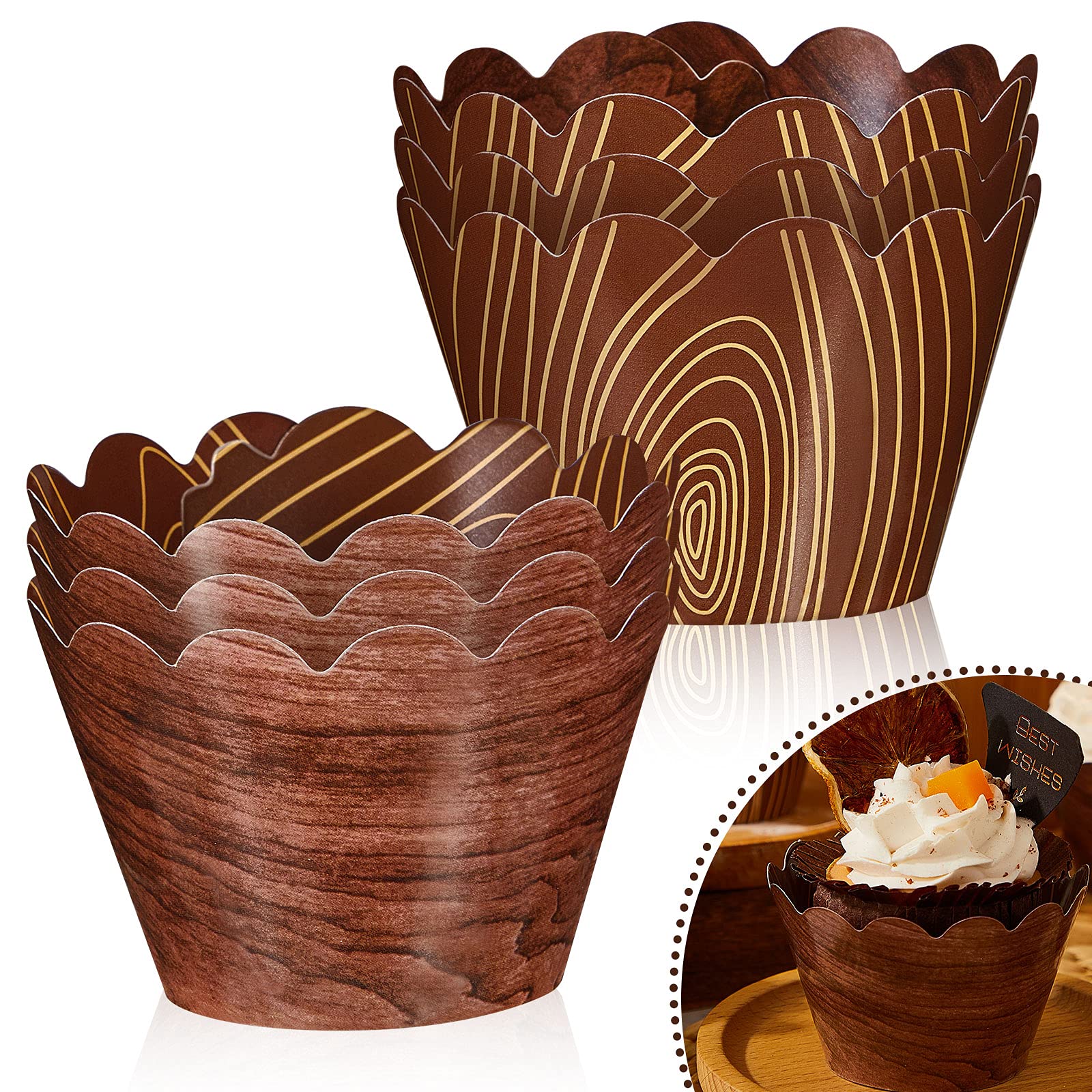 60 Pieces Wood Grain Cupcake Wrappers For Woodland Animal Baby Shower Decorations, Cup Cake Wraps For Outdoor Camp Party Rustic
