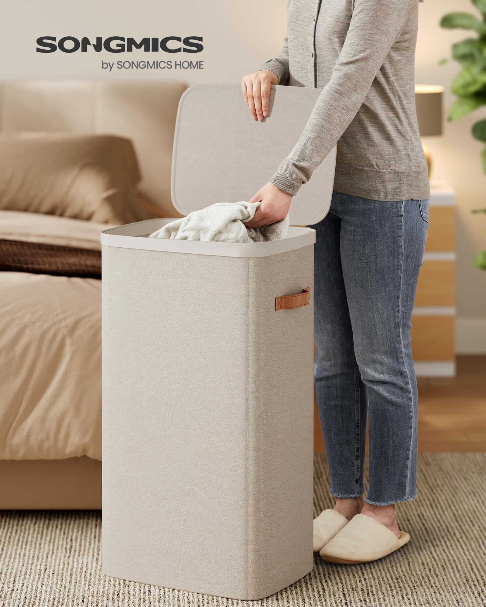 SONGMICS Laundry Basket, 26.4 Gal. Laundry Hamper, Easy Assembly, with Lid and Handles, Removable Liner, 16.5 x 12.6 x 29.5 Inch