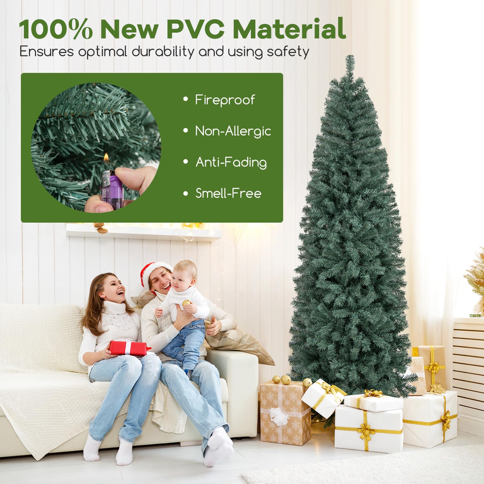 GOFLAME 7.5FT Pre-Lit Pencil Christmas Tree, Hinged Artificial Xmas Tree with 724 Branch Tips, 250 LED Lights, 9 Lighting Modes