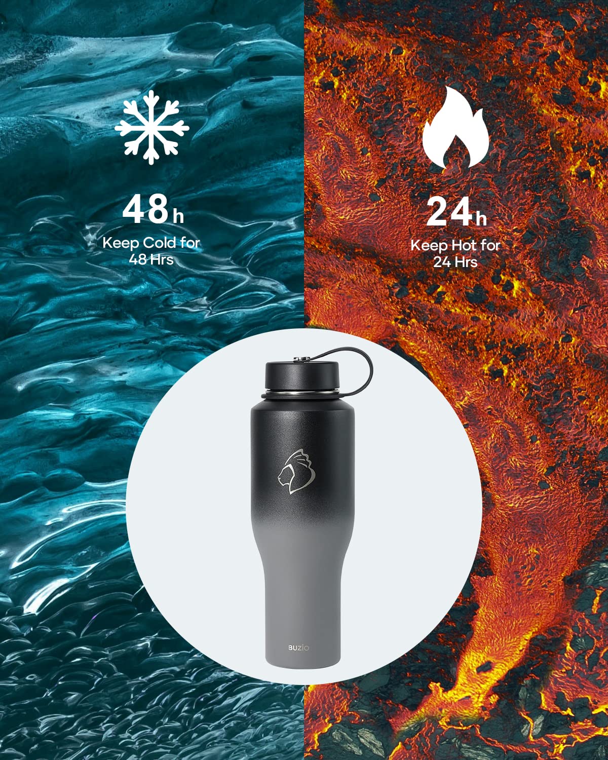 Buzio 40 Oz Insulated Water Bottle Tumbler With Straw And Lids (2 Lids), 40Oz Stainless Steel Water Bottles Fits In Any Car Cup