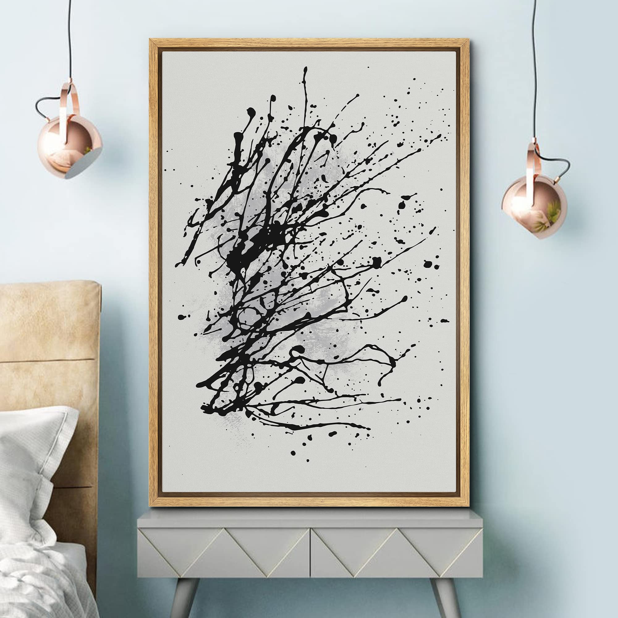 Signford Framed Canvas Print Wall Art Black White Paint Splatter Collage Abstract Shapes Illustrations Modern Art Decorative Boh