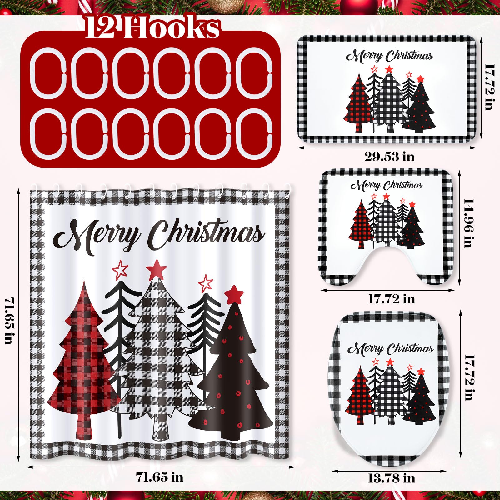 Newwiee 7 Pcs Christmas Bathroom Set Xmas Shower Curtain, Non-Slip U Shape Rug, Toilet Lid Cover, Bath Mat And 3 Washcloth Bathr