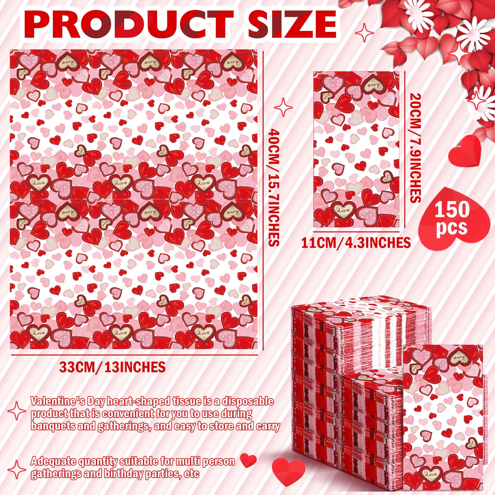 Pickmesh 150 Pcs Valentine'S Day Guest Napkins 2 Ply Red Pink Disposable Hand Towels Heart Bathroom Paper Napkins For Party Dinn