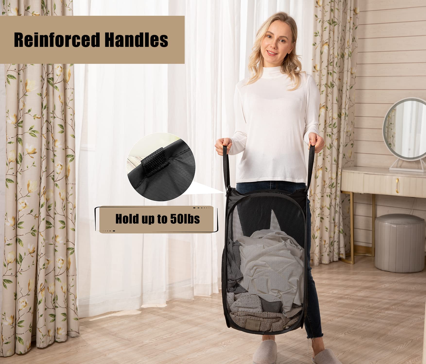 House Again Mesh Popup Laundry Hamper, [Reinforced] Collapsible Laundry Basket, Foldable Pop Up Hamper With Durable Handles, Eas