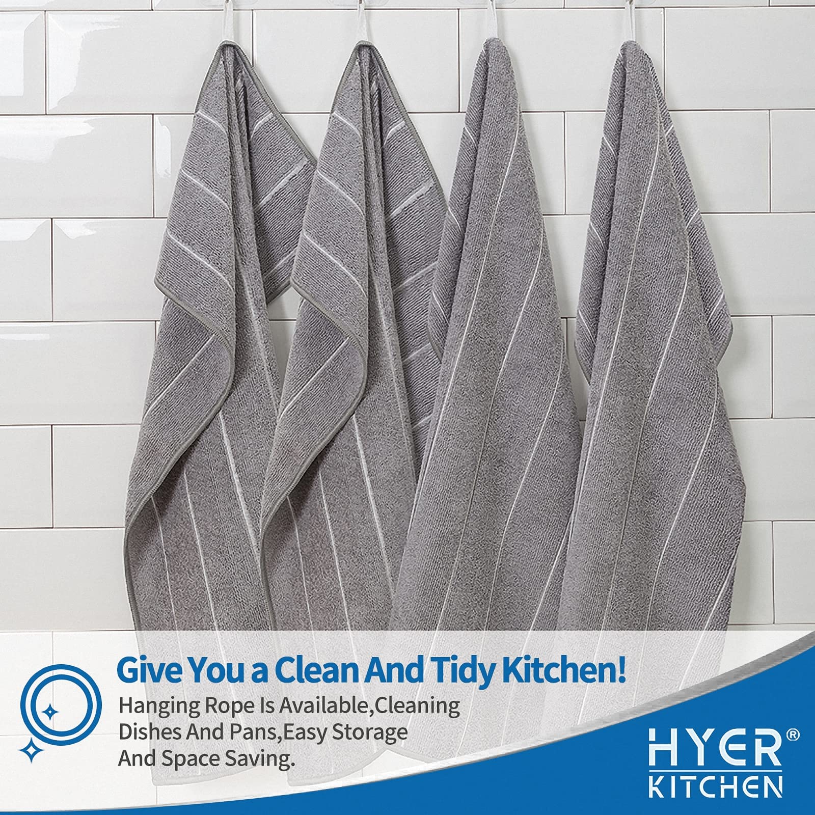 Hyer Kitchen Microfiber Kitchen Towels - Super Absorbent, Soft And Thick Dish Towels, 8 Pack (Stripe Designed Grey Colors), 26 X