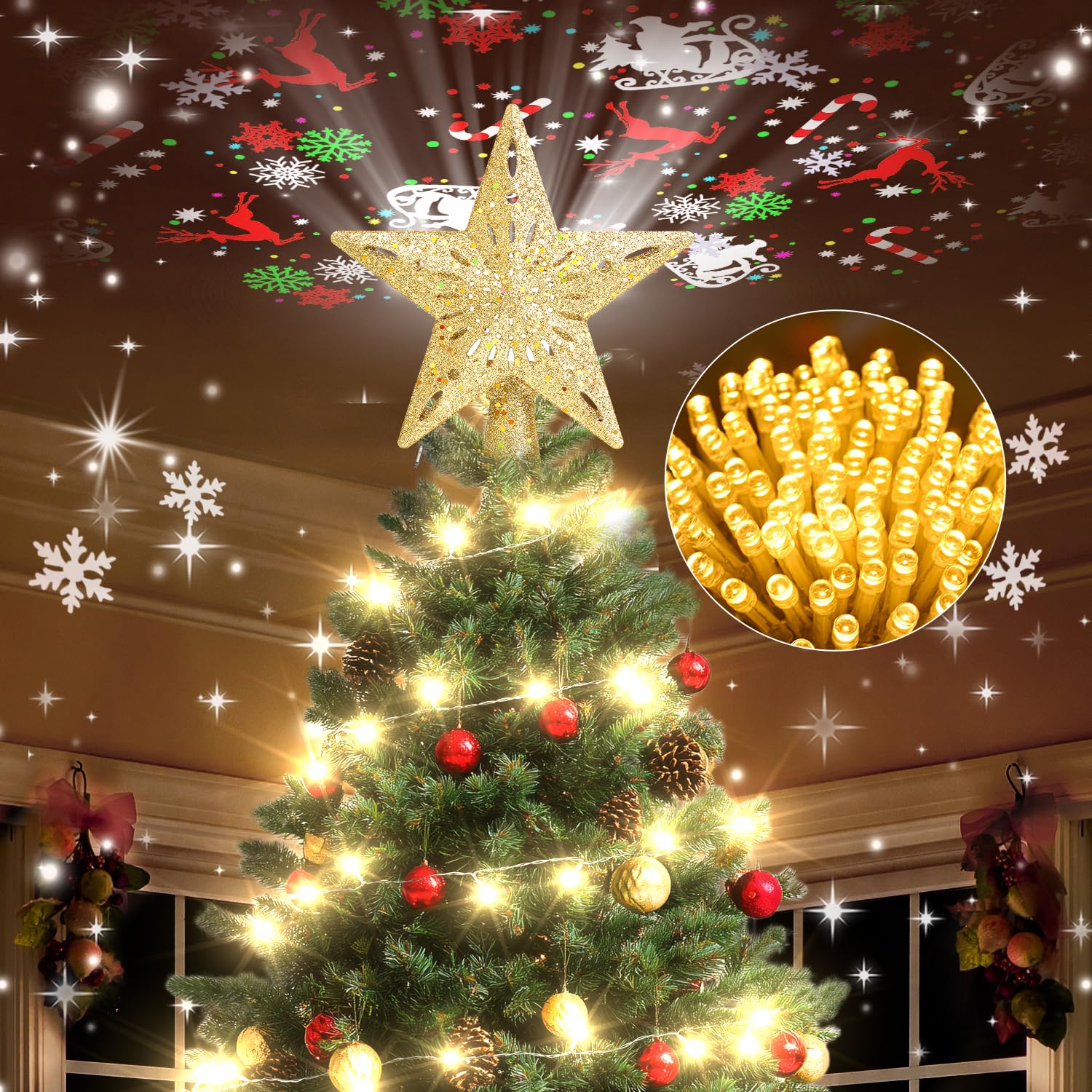 Kesfitt Christmas Tree Topper with 10M Warm Light Cord, Tree Top Star Decoration with 6 Projection Modes, Gold Tree Topper Light